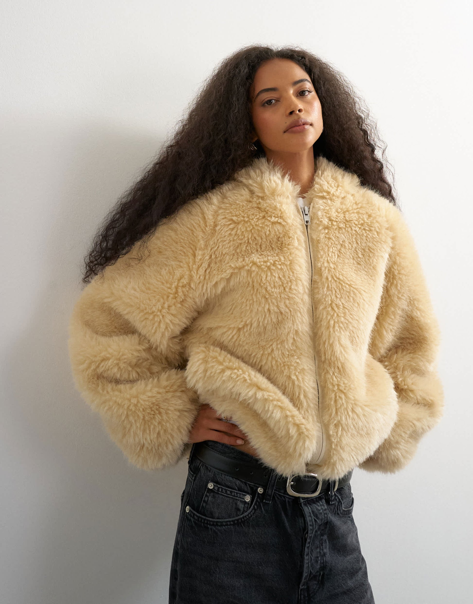 Topshop faux fur zip through hooded jacket in cream