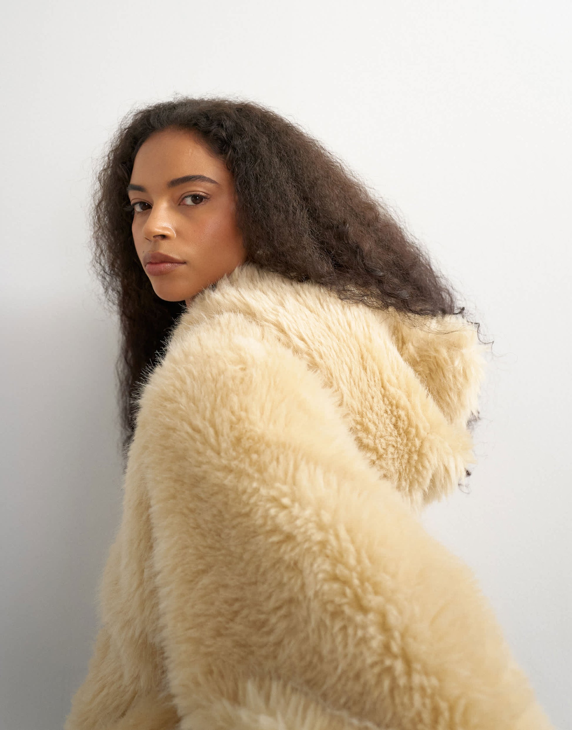 Topshop faux fur zip through hooded jacket in cream