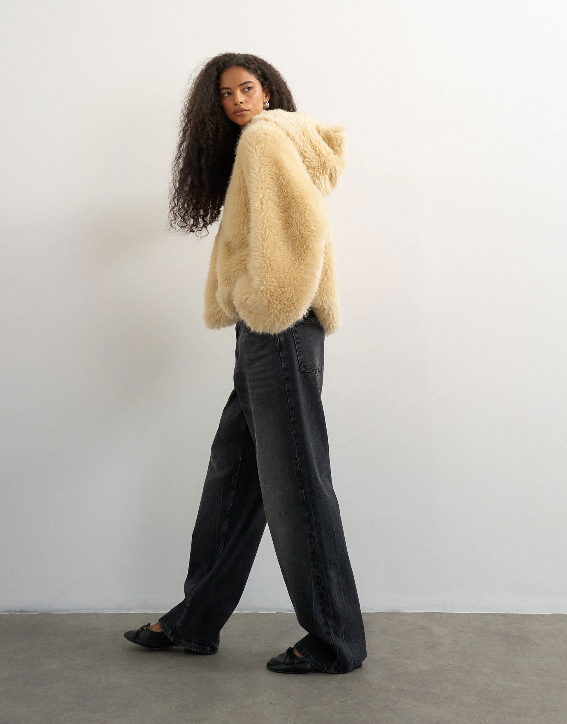 Topshop faux fur zip through hooded jacket in cream