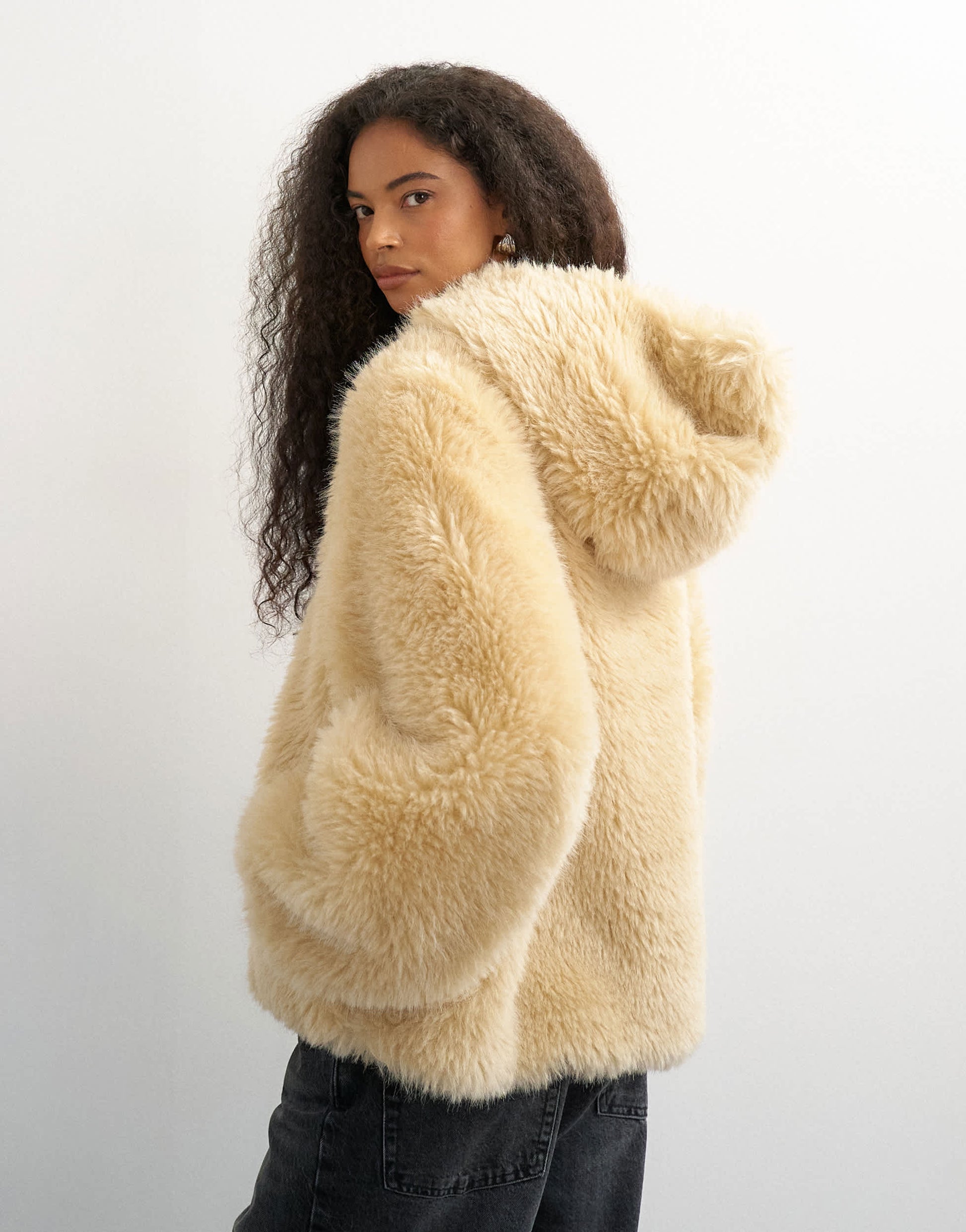 Topshop faux fur zip through hooded jacket in cream