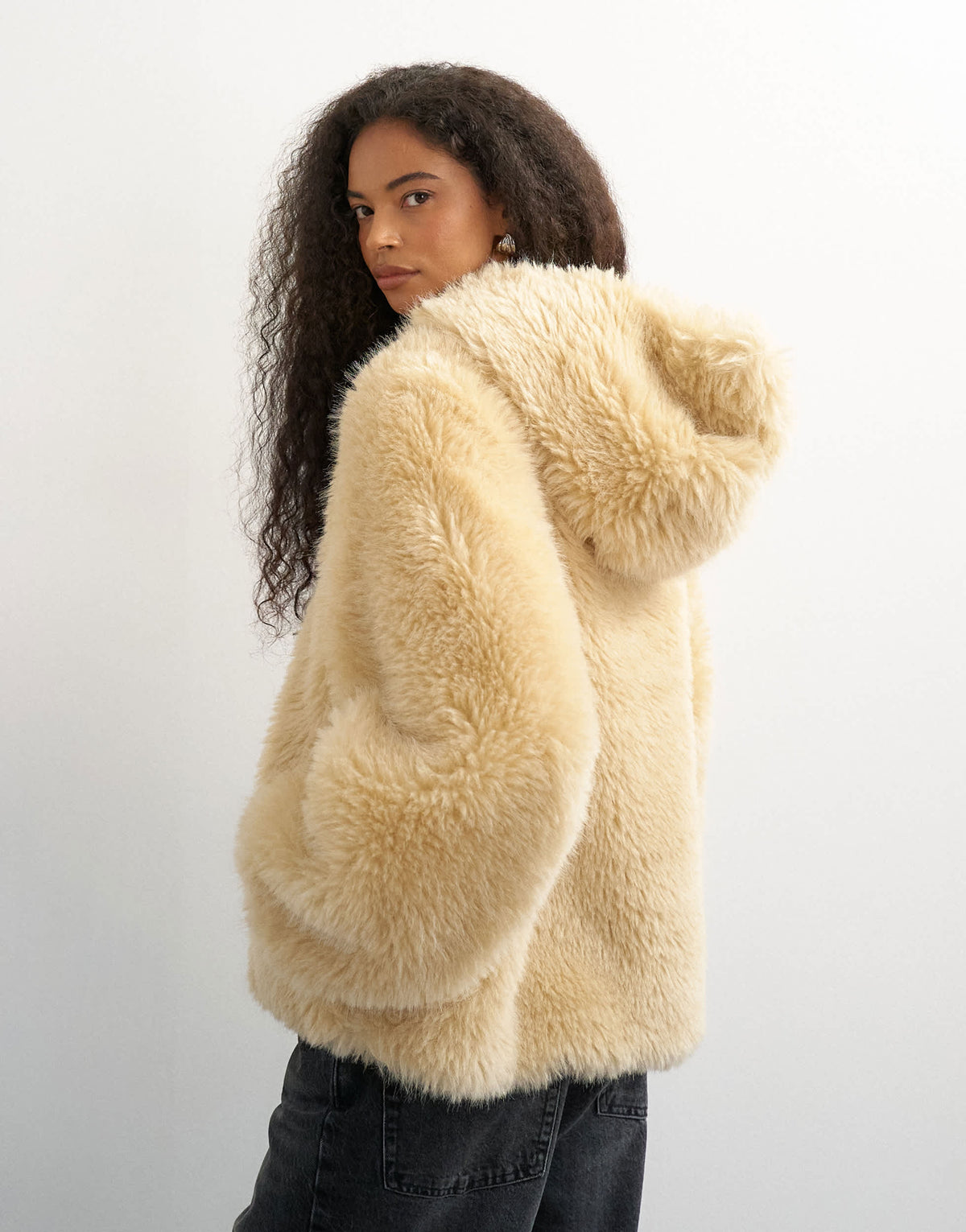 Topshop faux fur zip through hooded jacket in cream