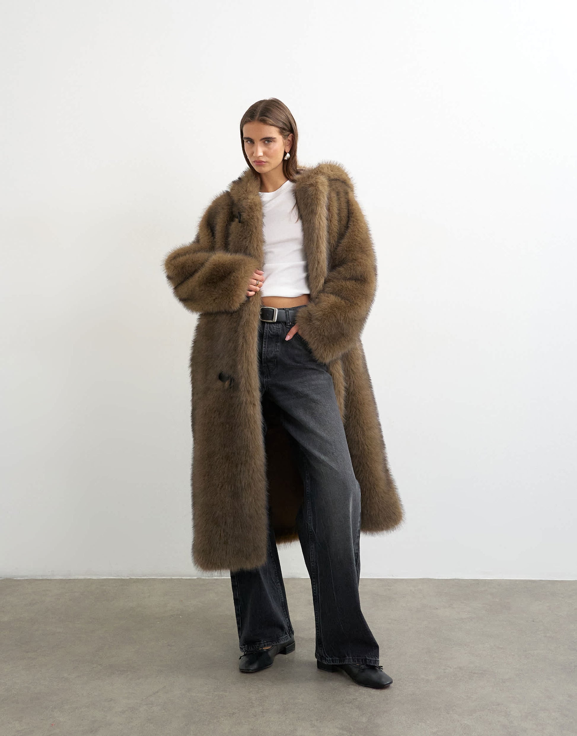 Topshop faux fur longline toggle coat in brown