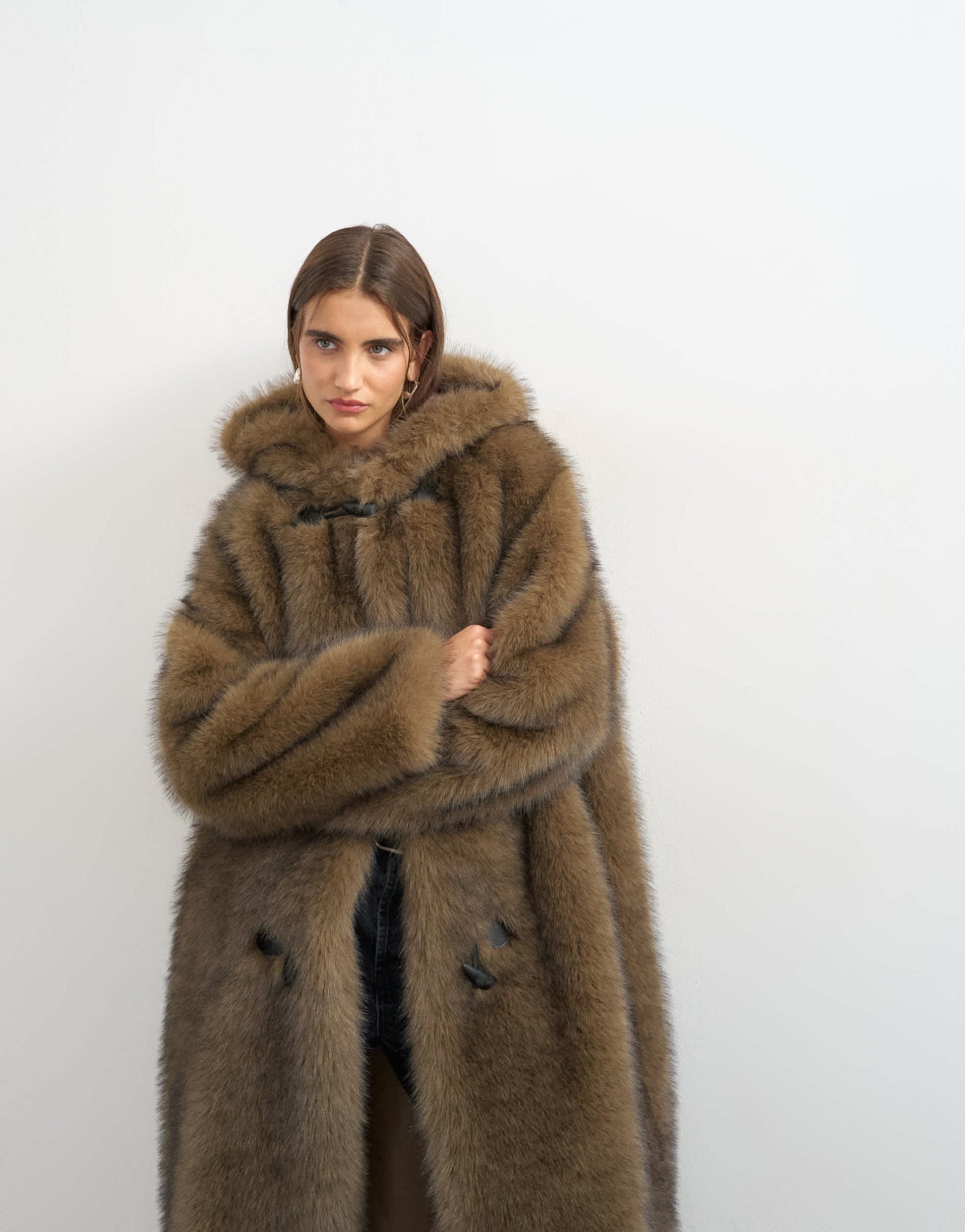 Topshop faux fur longline toggle coat in brown