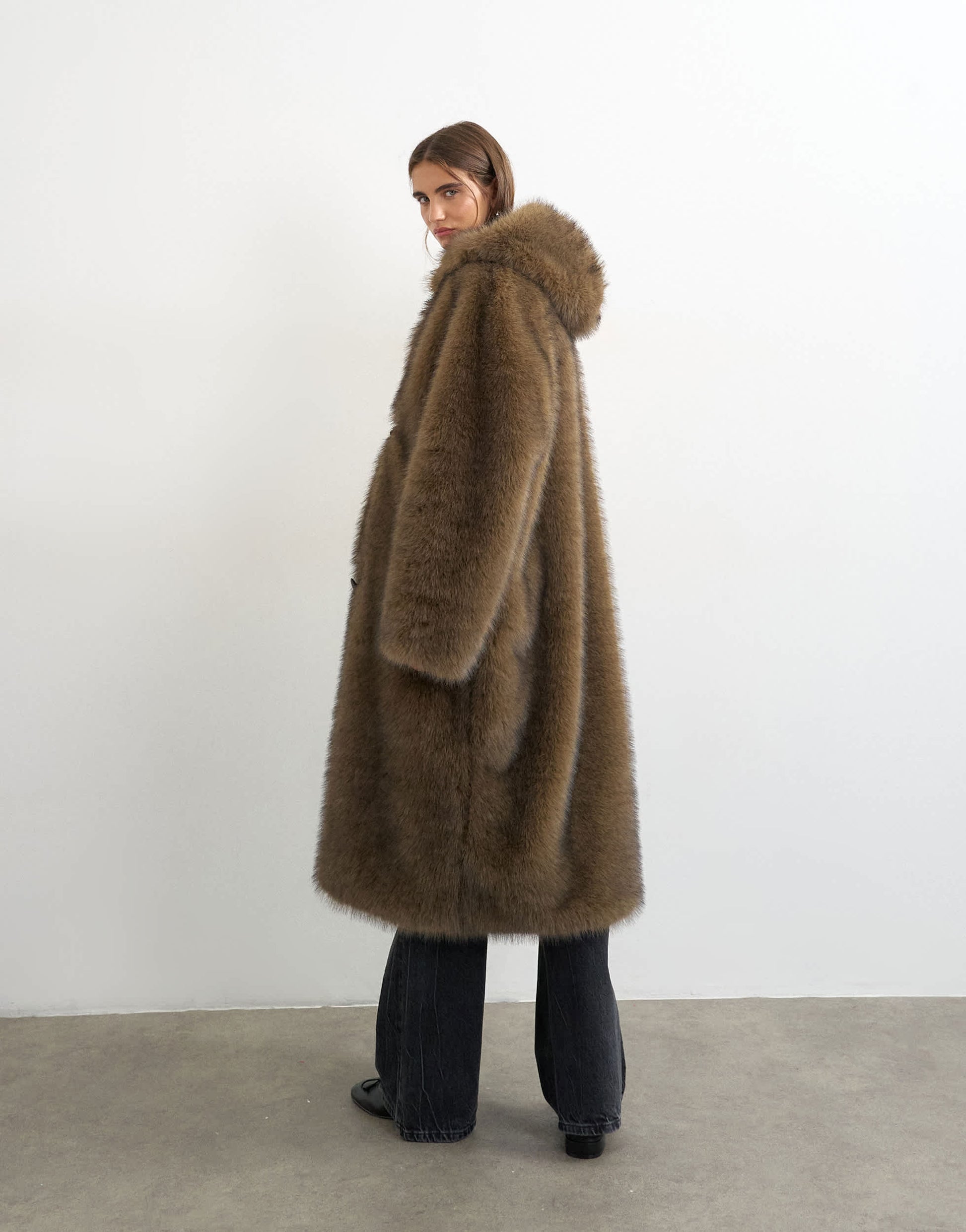 Topshop faux fur longline toggle coat in brown