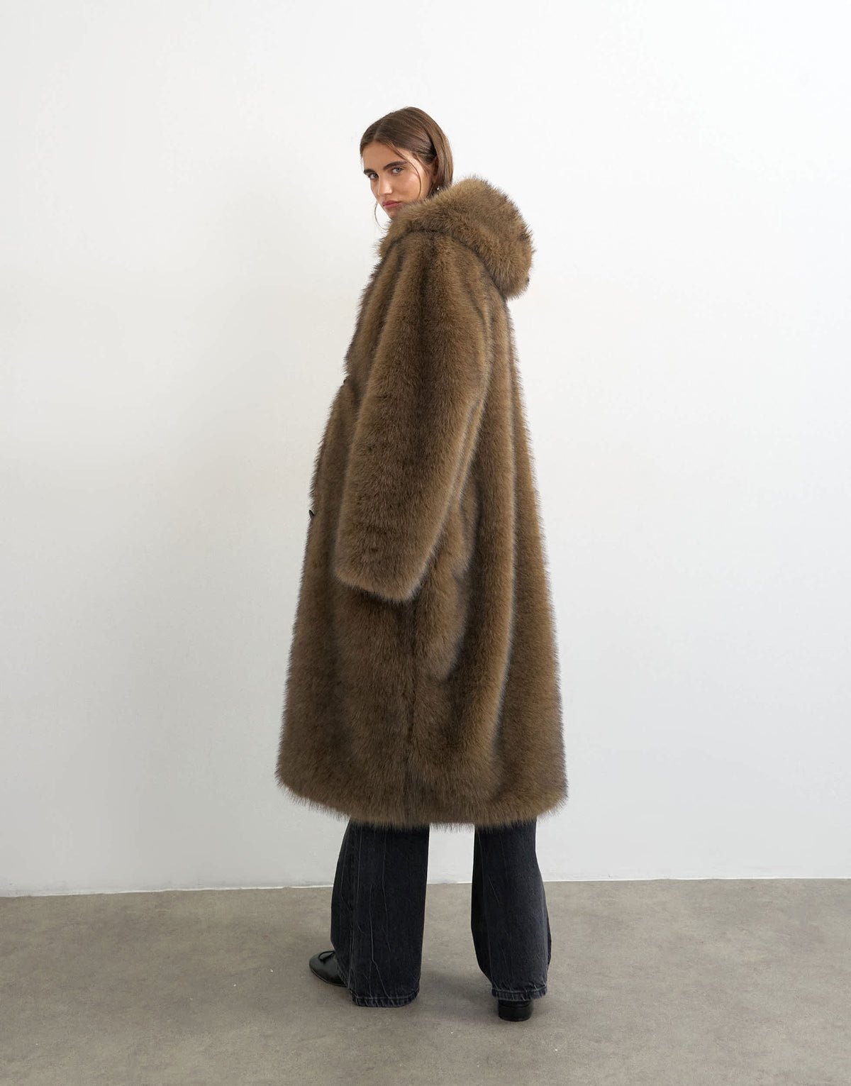 Topshop faux fur longline toggle coat in brown