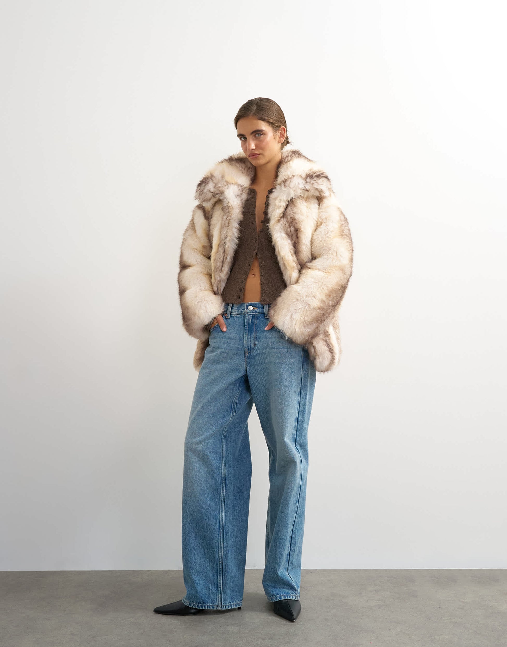 Topshop faux fur mid length coat in white stripe