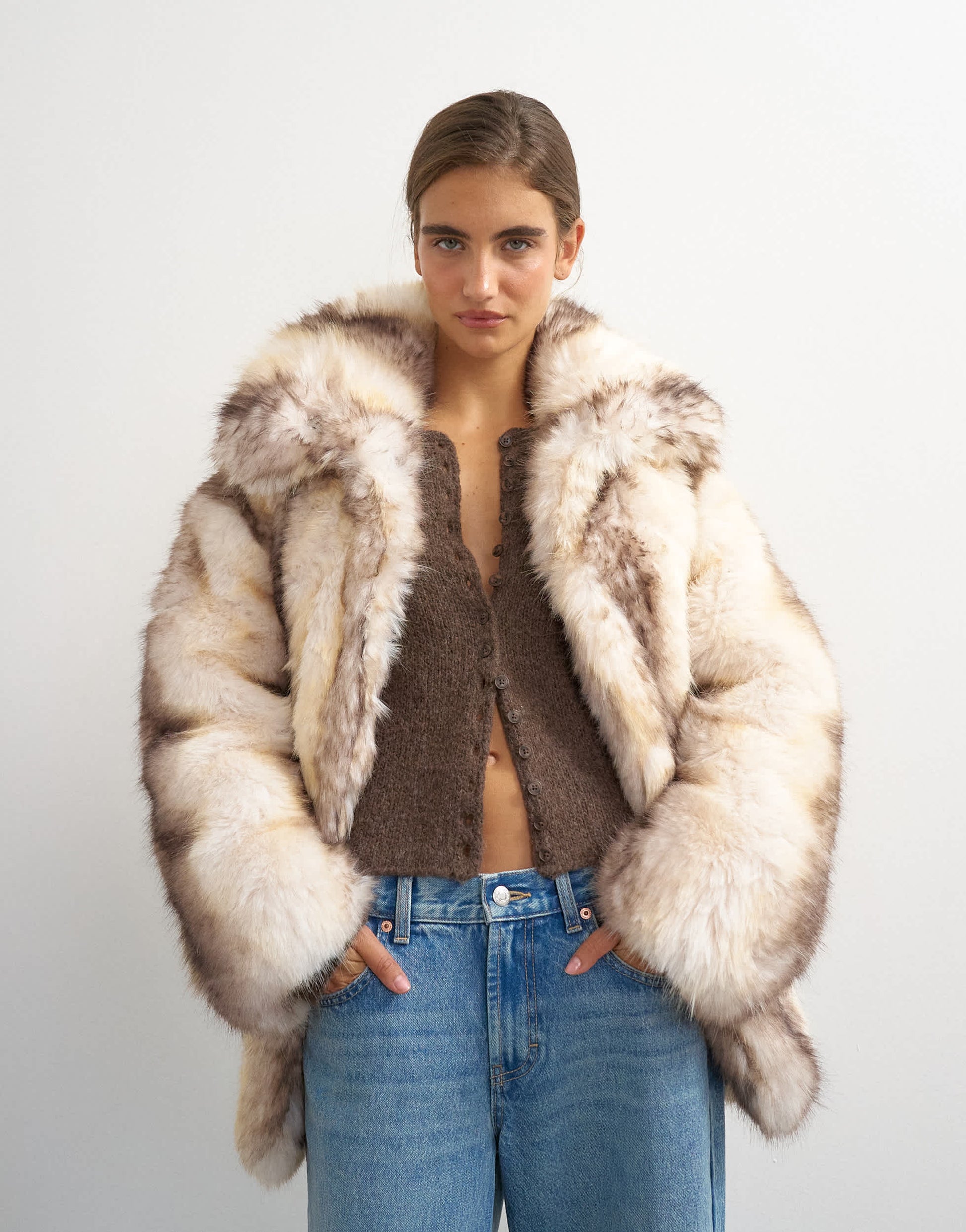 Topshop faux fur mid length coat in white stripe