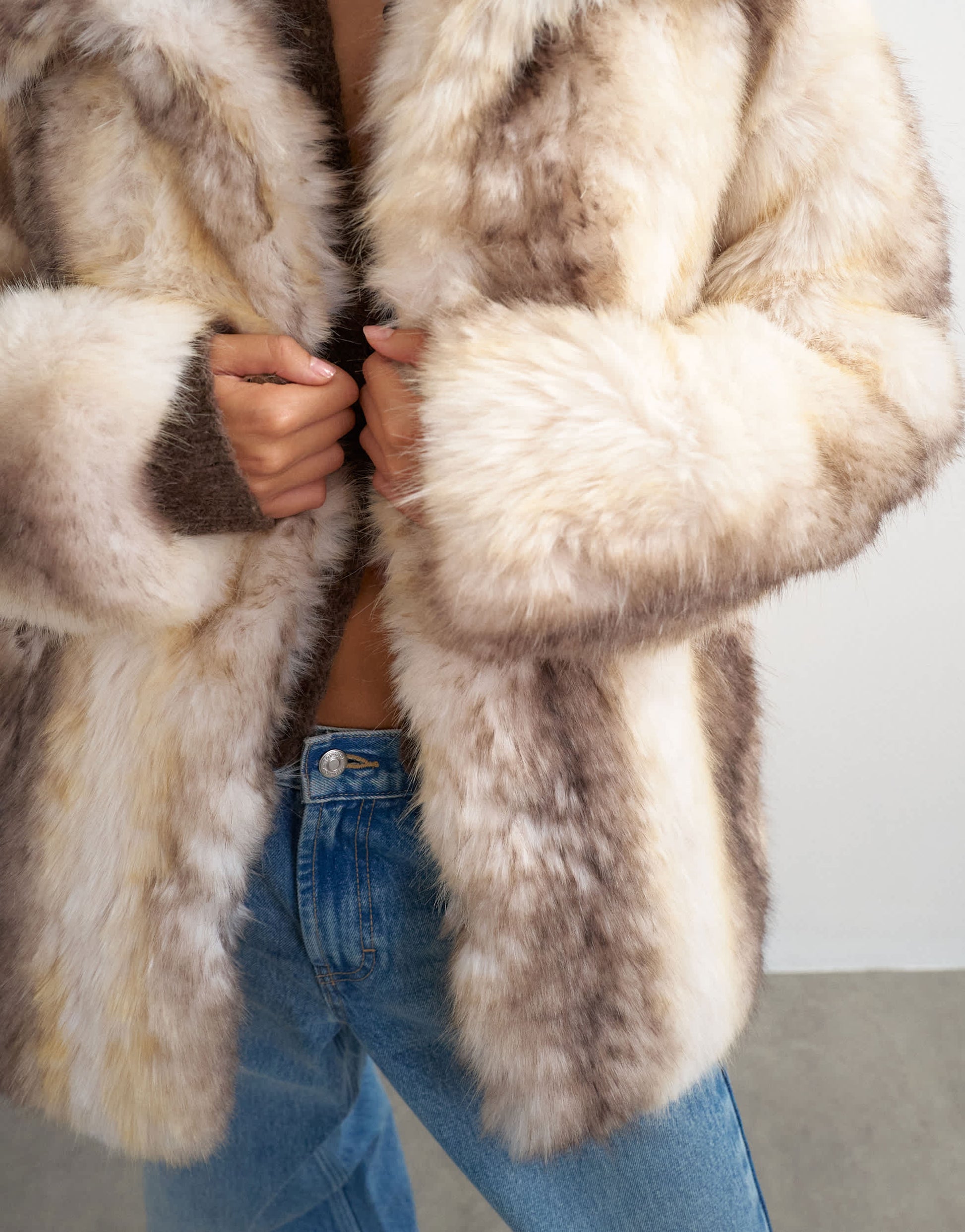 Topshop faux fur mid length coat in white stripe