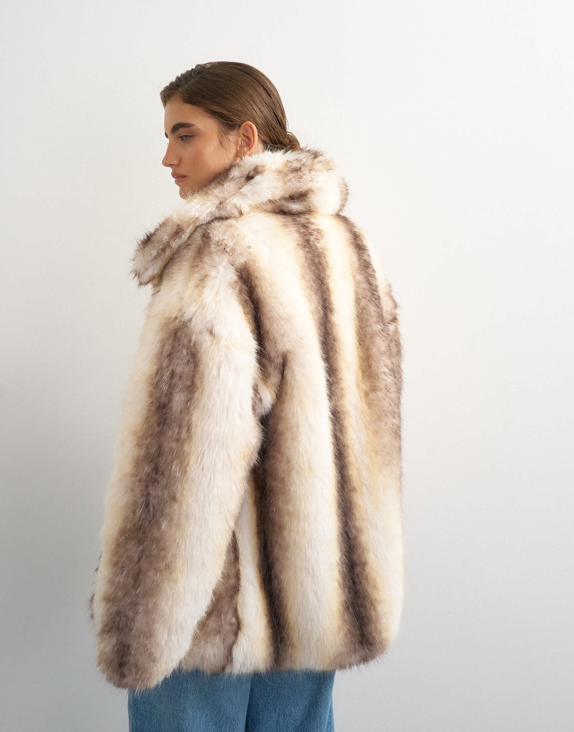 Topshop faux fur mid length coat in white stripe