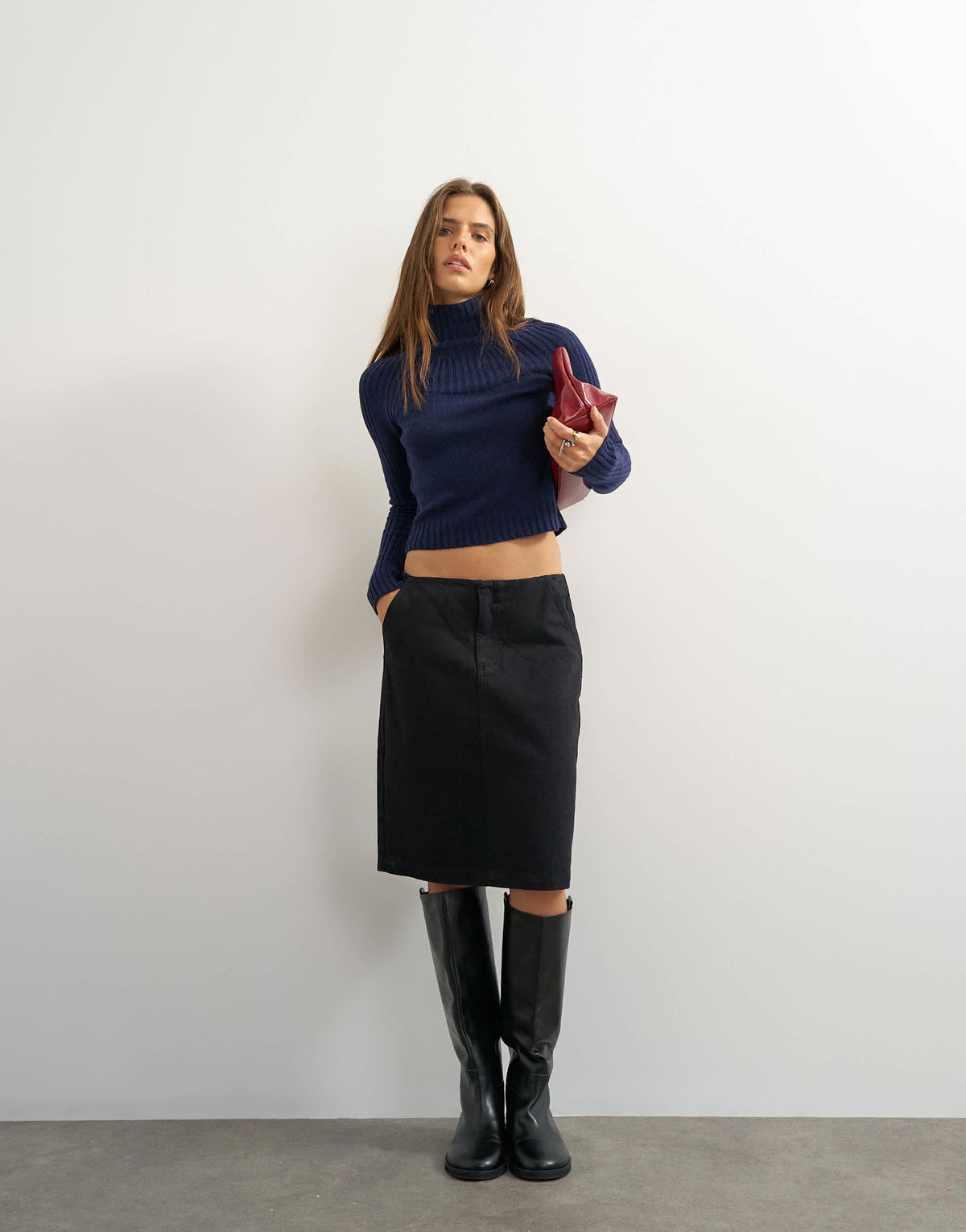 Topshop knitted rib yoke long sleeve top in navy