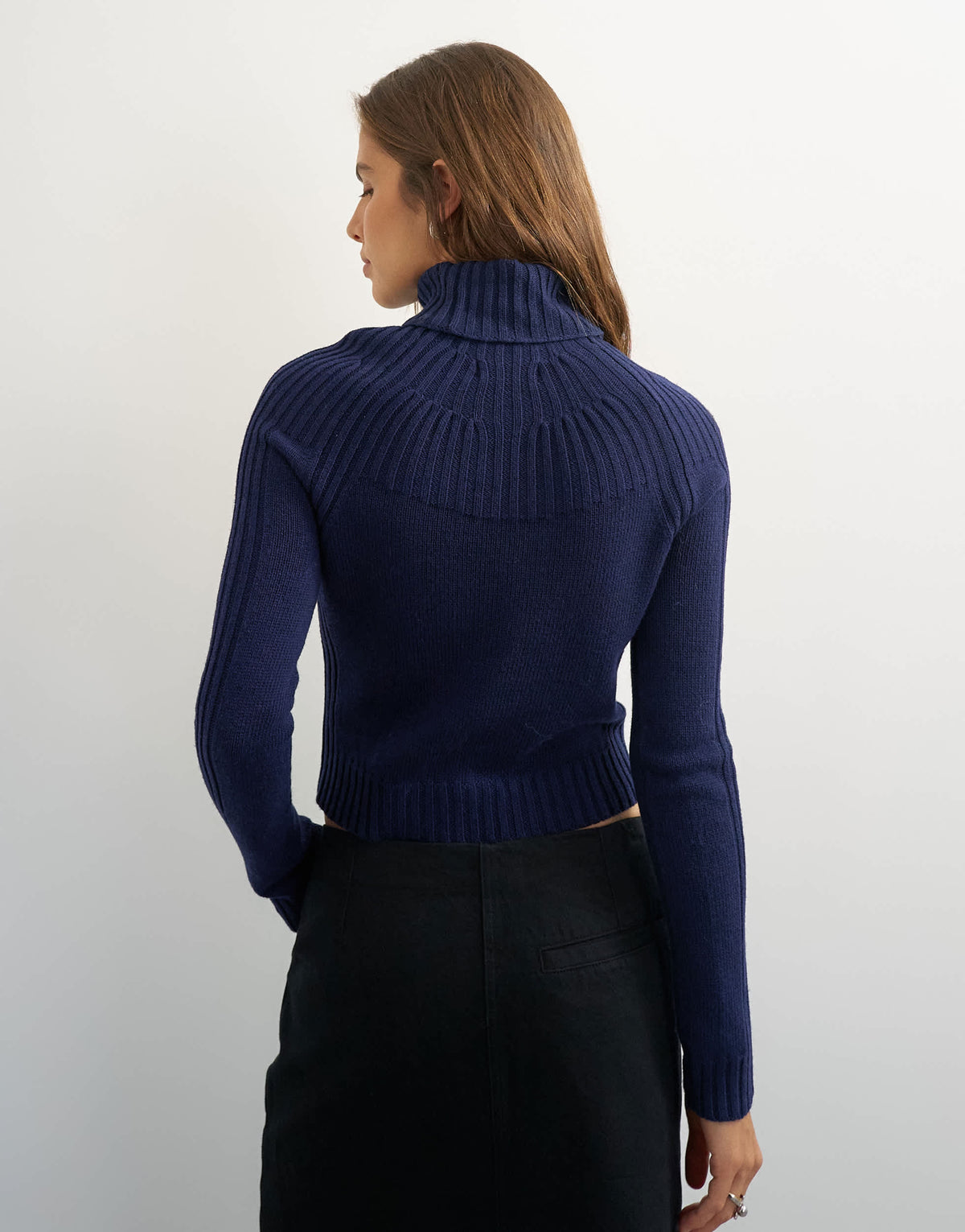 Topshop knitted rib yoke long sleeve top in navy