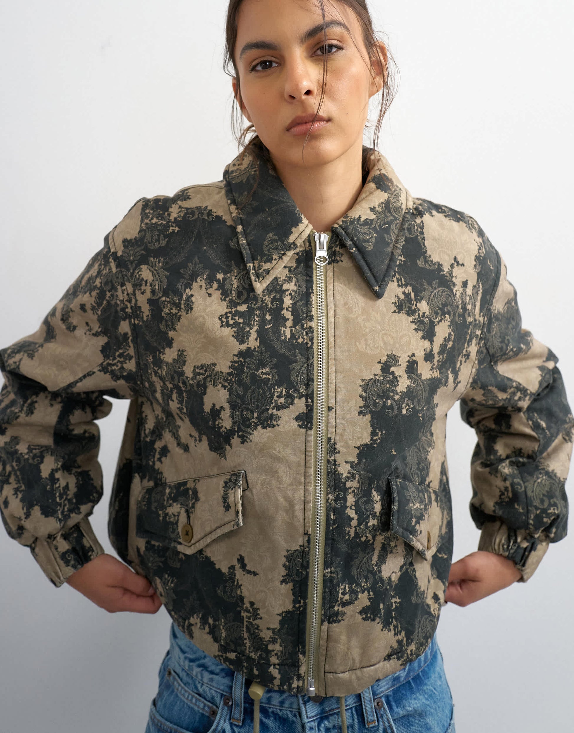 Topshop printed cotton jacket in green
