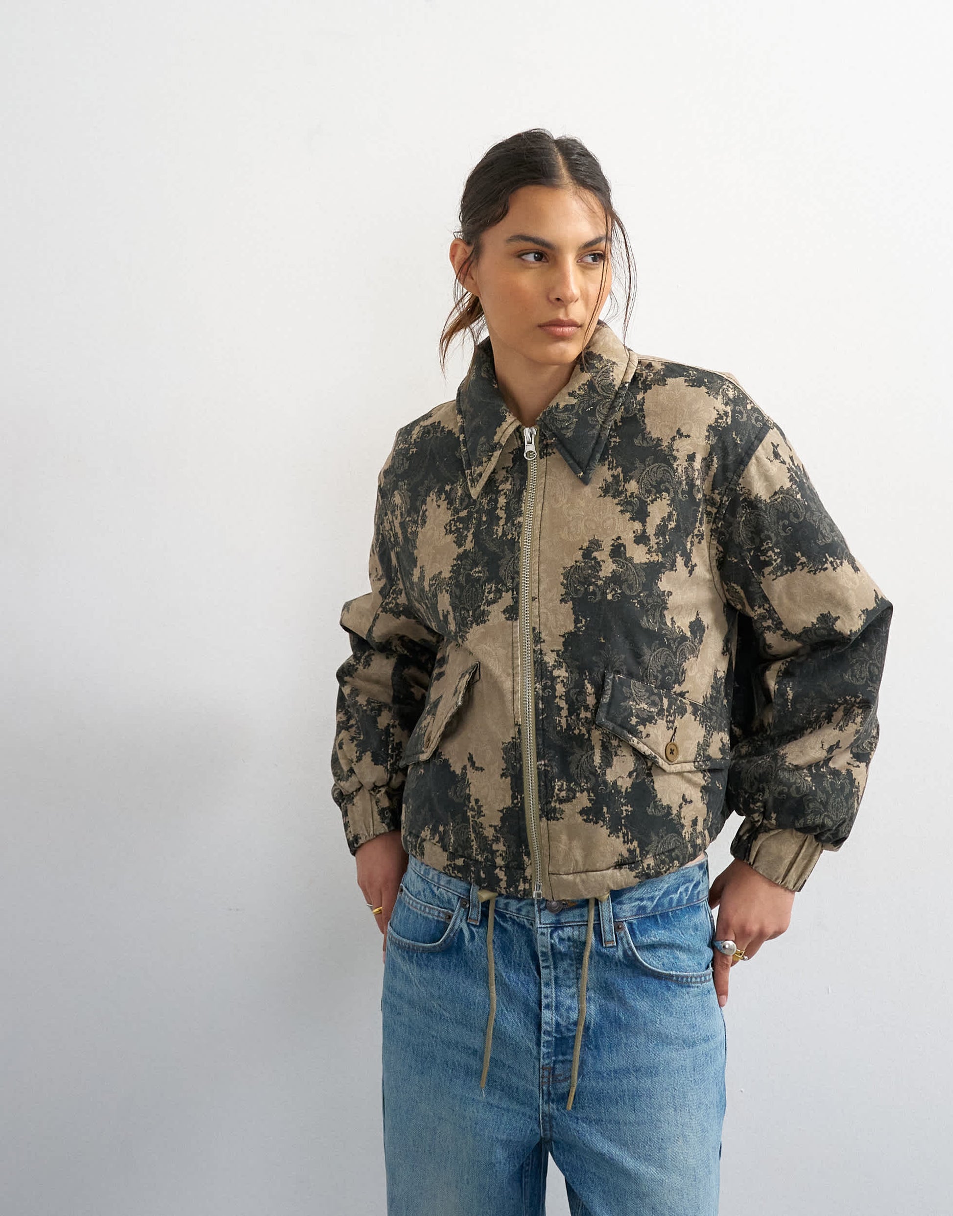 Topshop printed cotton jacket in green