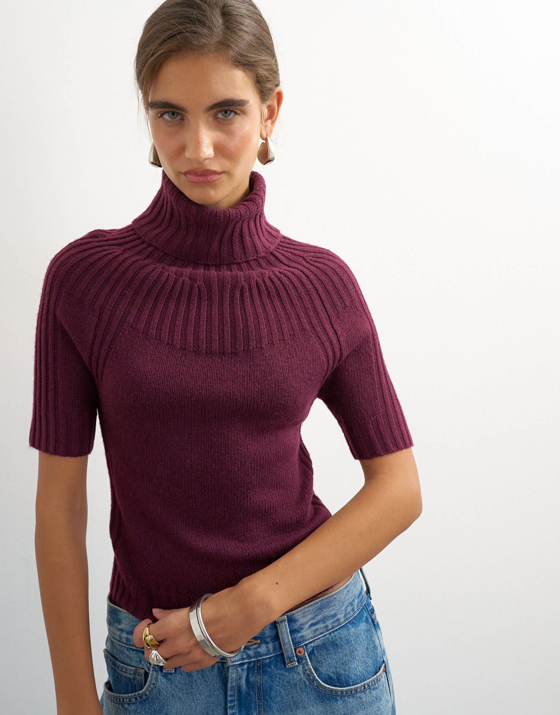 Topshop knitted rib yoke funnel neck top in mulberry