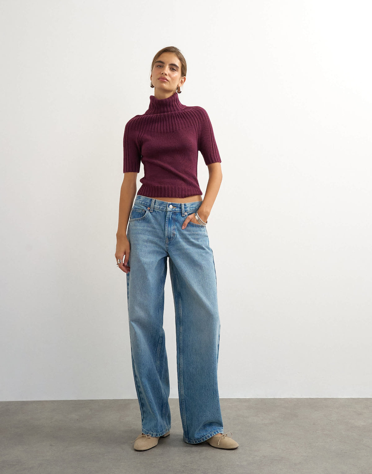 Topshop knitted rib yoke funnel neck top in mulberry