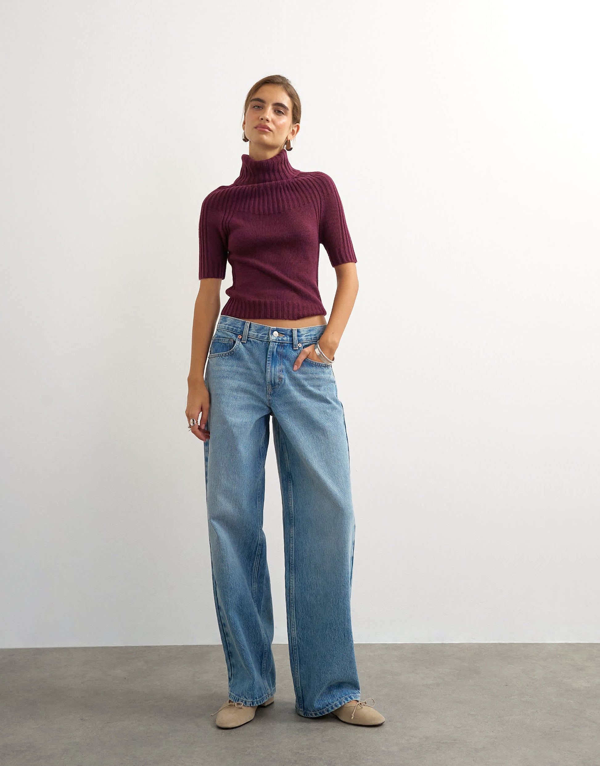 Topshop knitted rib yoke funnel neck top in mulberry