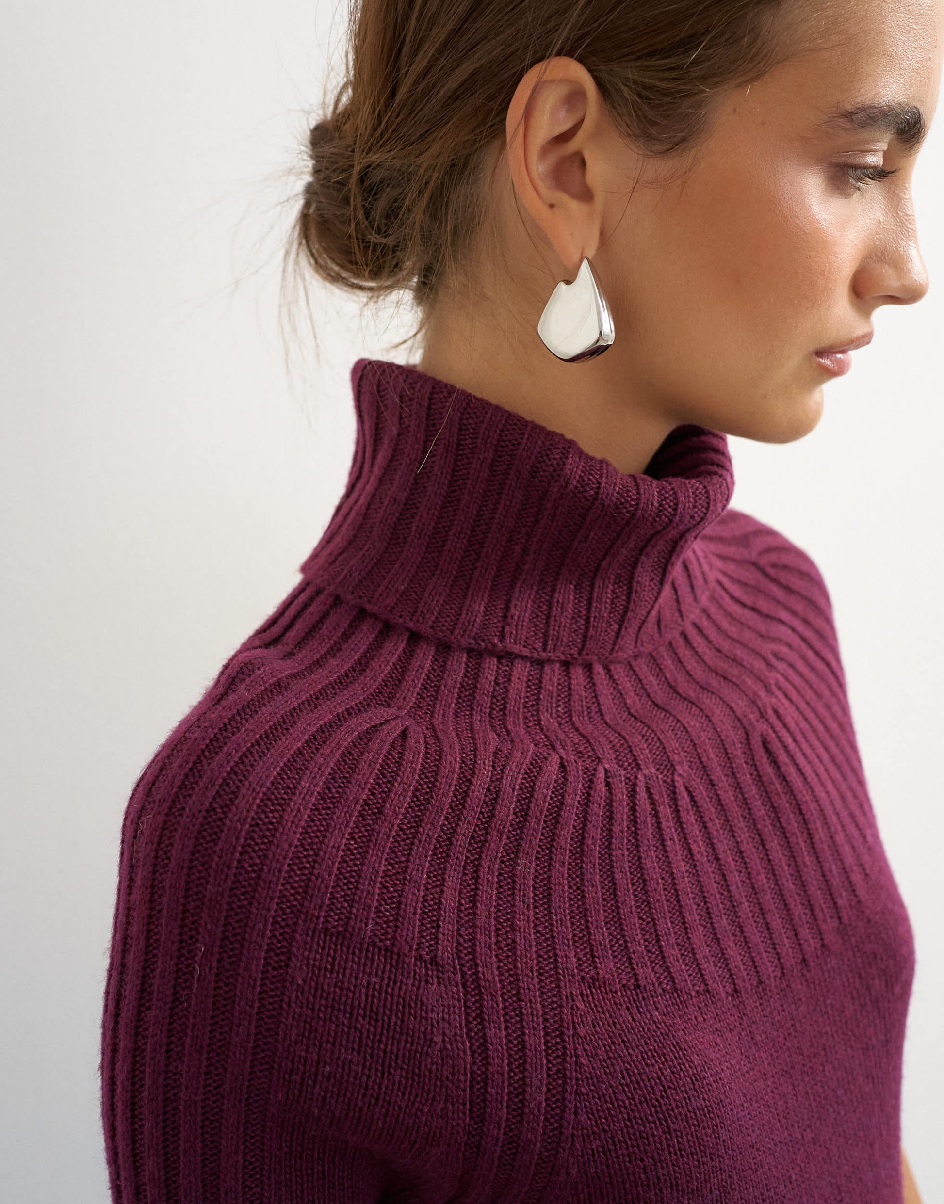 Topshop knitted rib yoke funnel neck top in mulberry