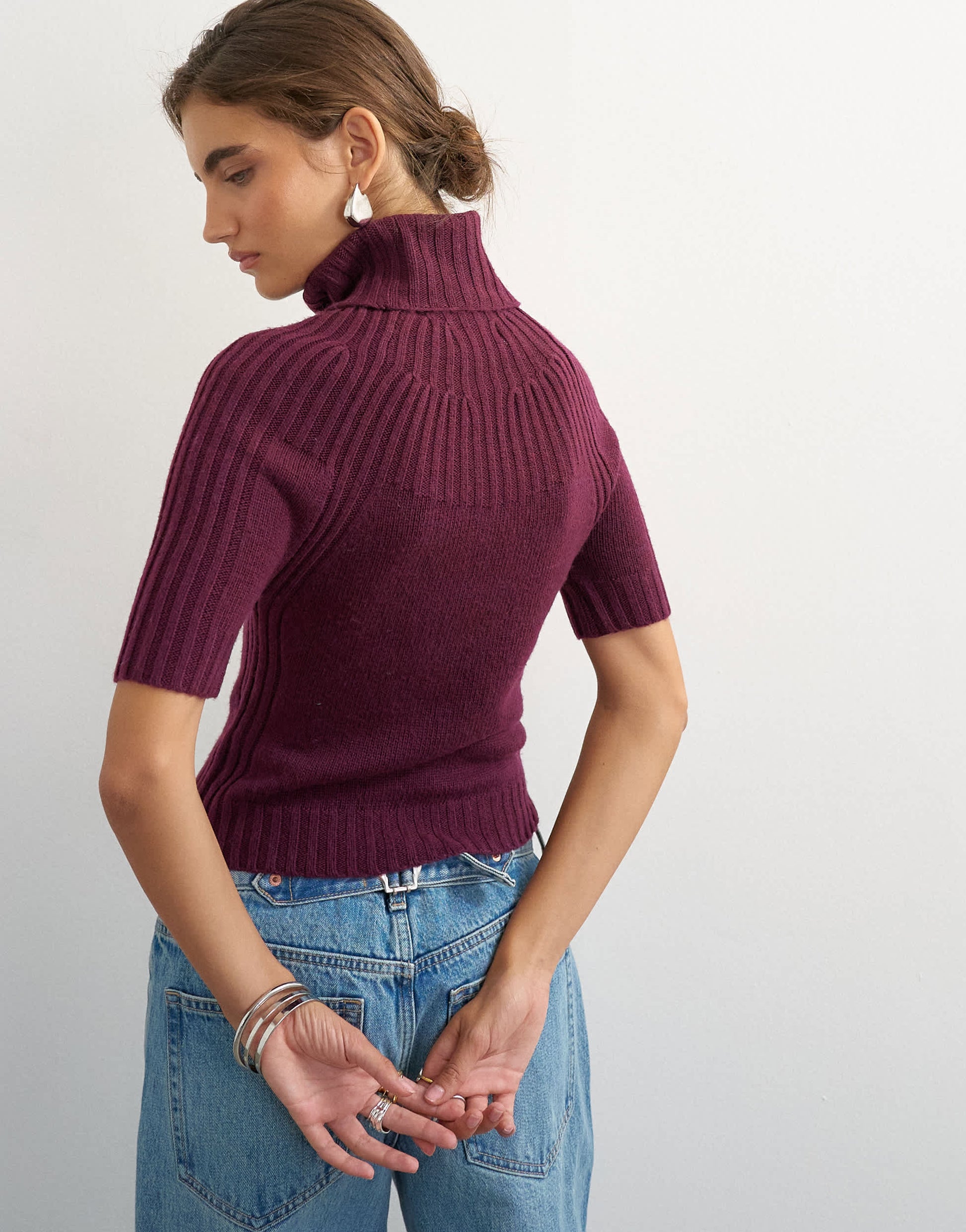 Topshop knitted rib yoke funnel neck top in mulberry
