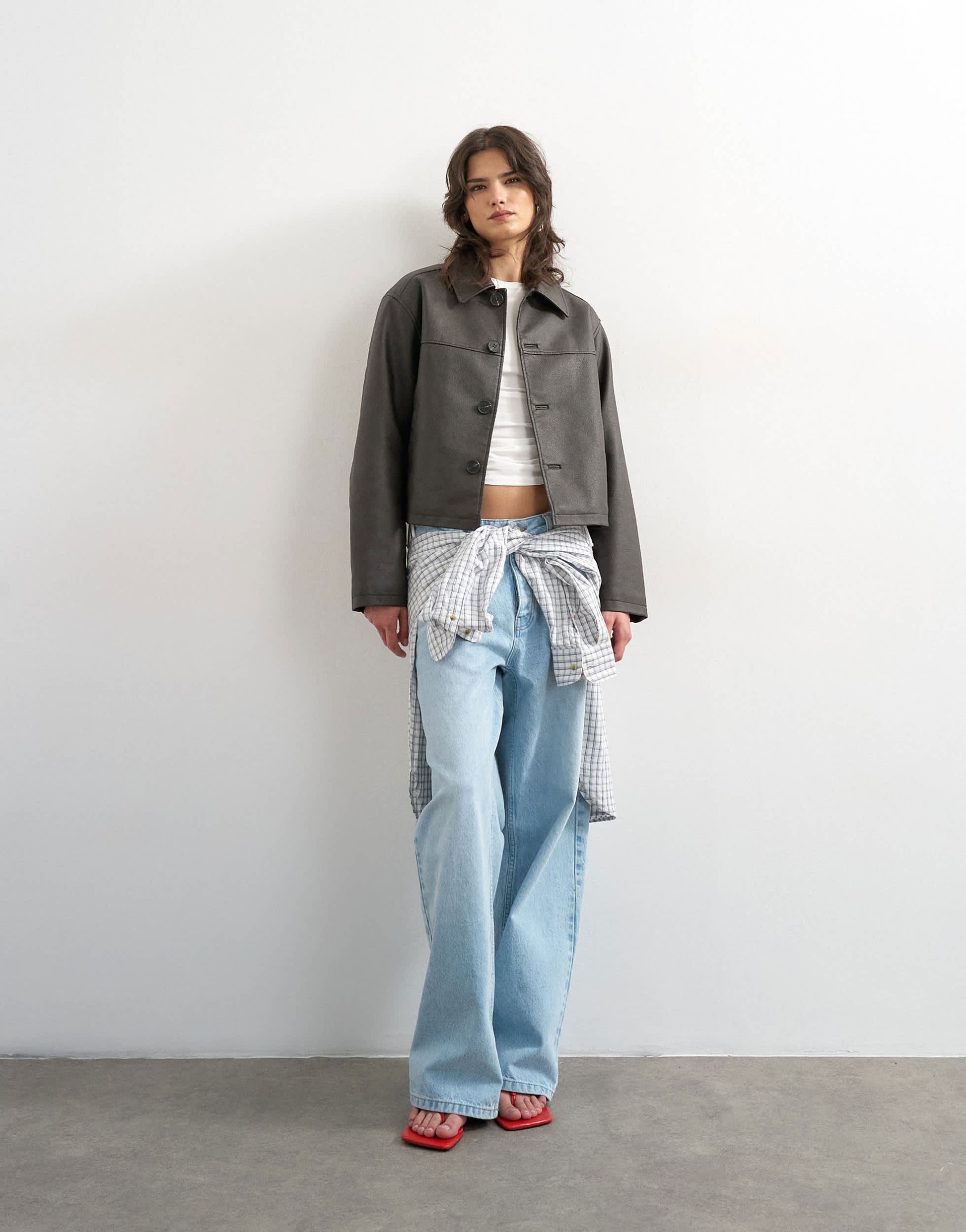 Topshop cropped faux leather jacket in brown