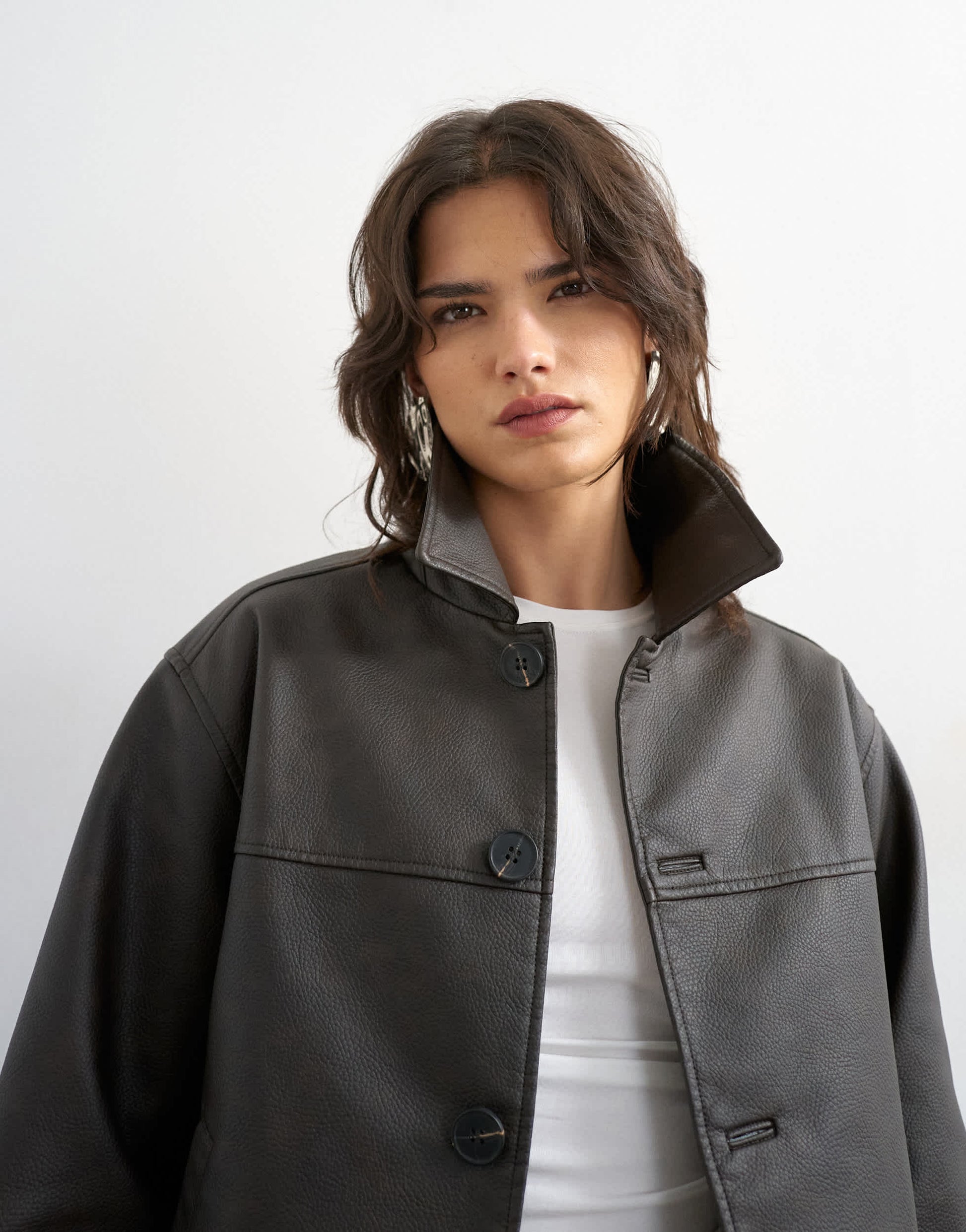 Topshop cropped faux leather jacket in brown