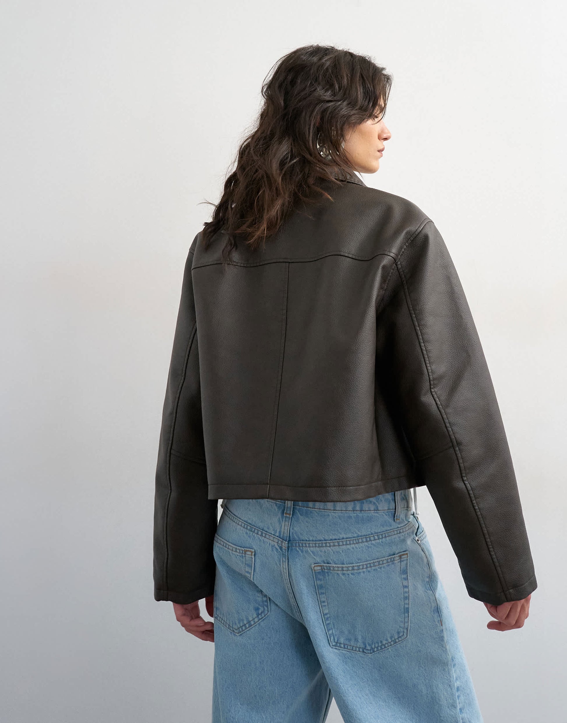Topshop cropped faux leather jacket in brown