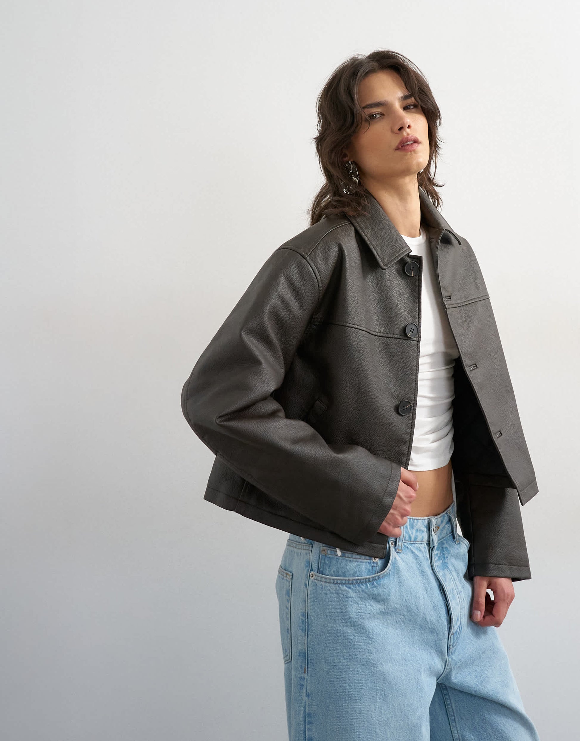 Topshop cropped faux leather jacket in brown
