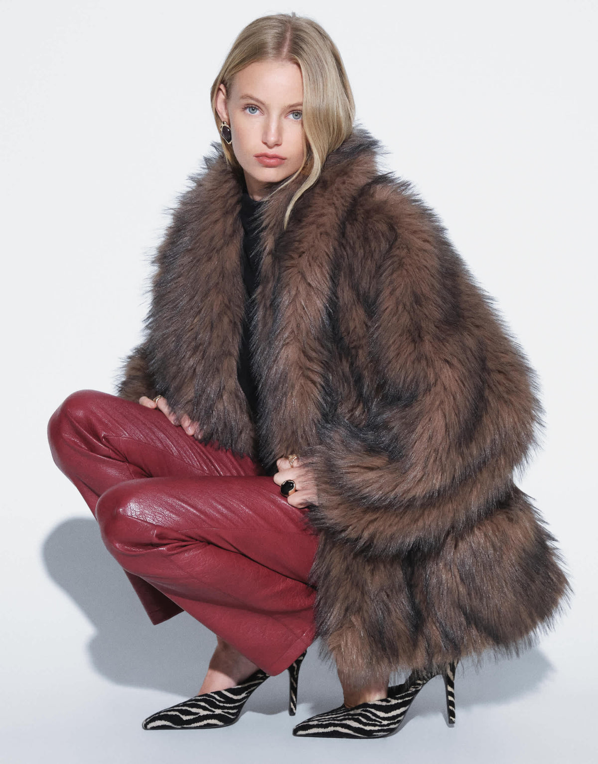 Topshop faux fur mid length shawl jacket in light brown