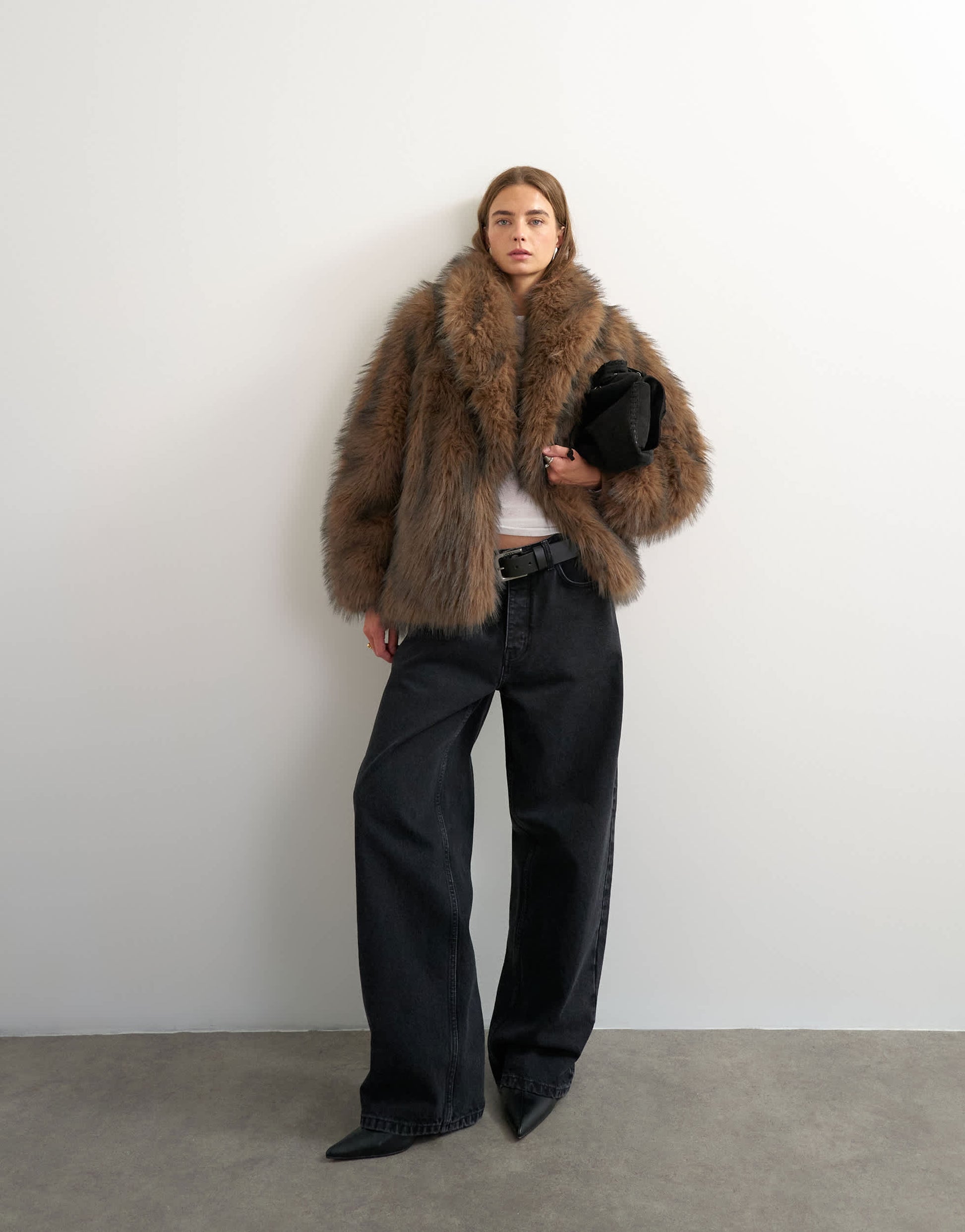 Topshop faux fur mid length shawl jacket in light brown