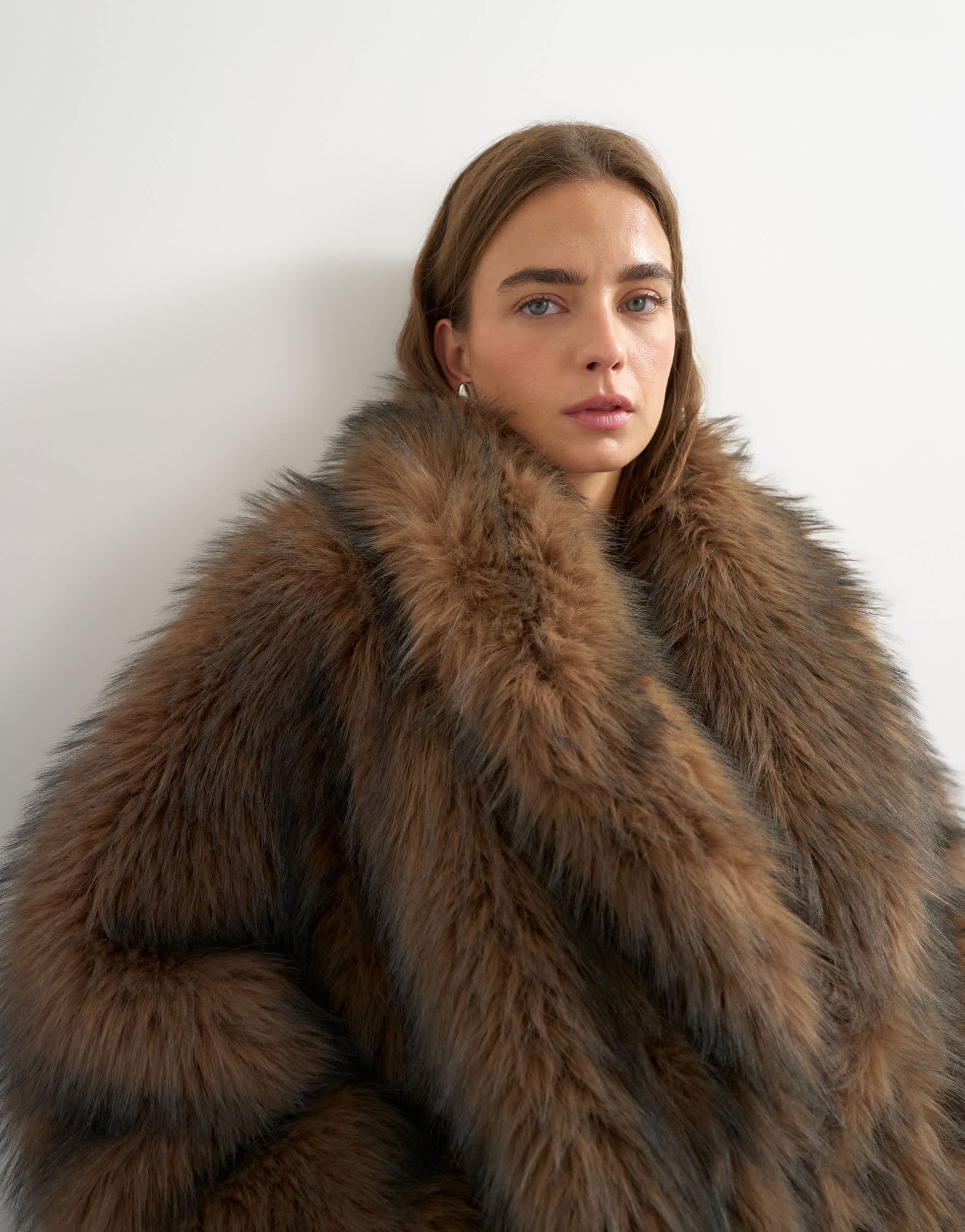 Topshop faux fur mid length shawl jacket in light brown