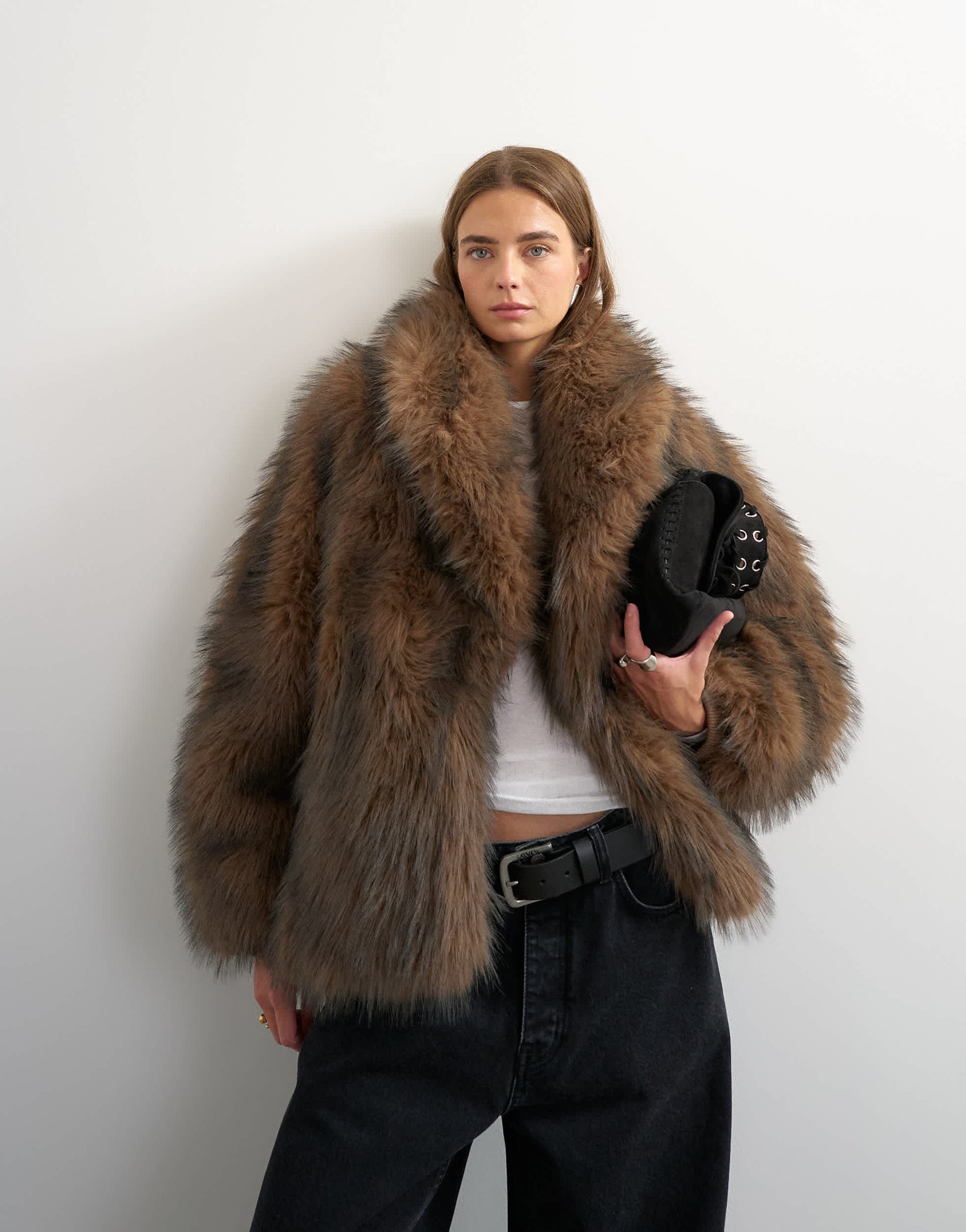 Topshop faux fur mid length shawl jacket in light brown