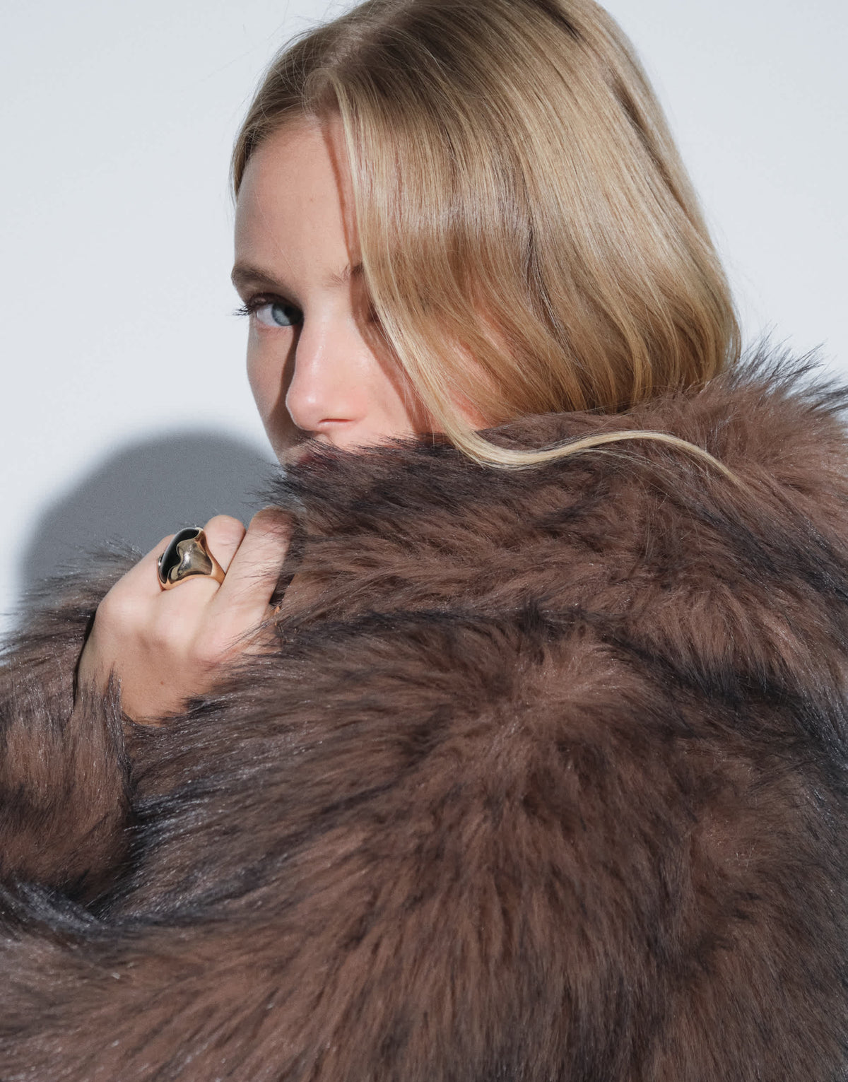 Topshop faux fur mid length shawl jacket in light brown