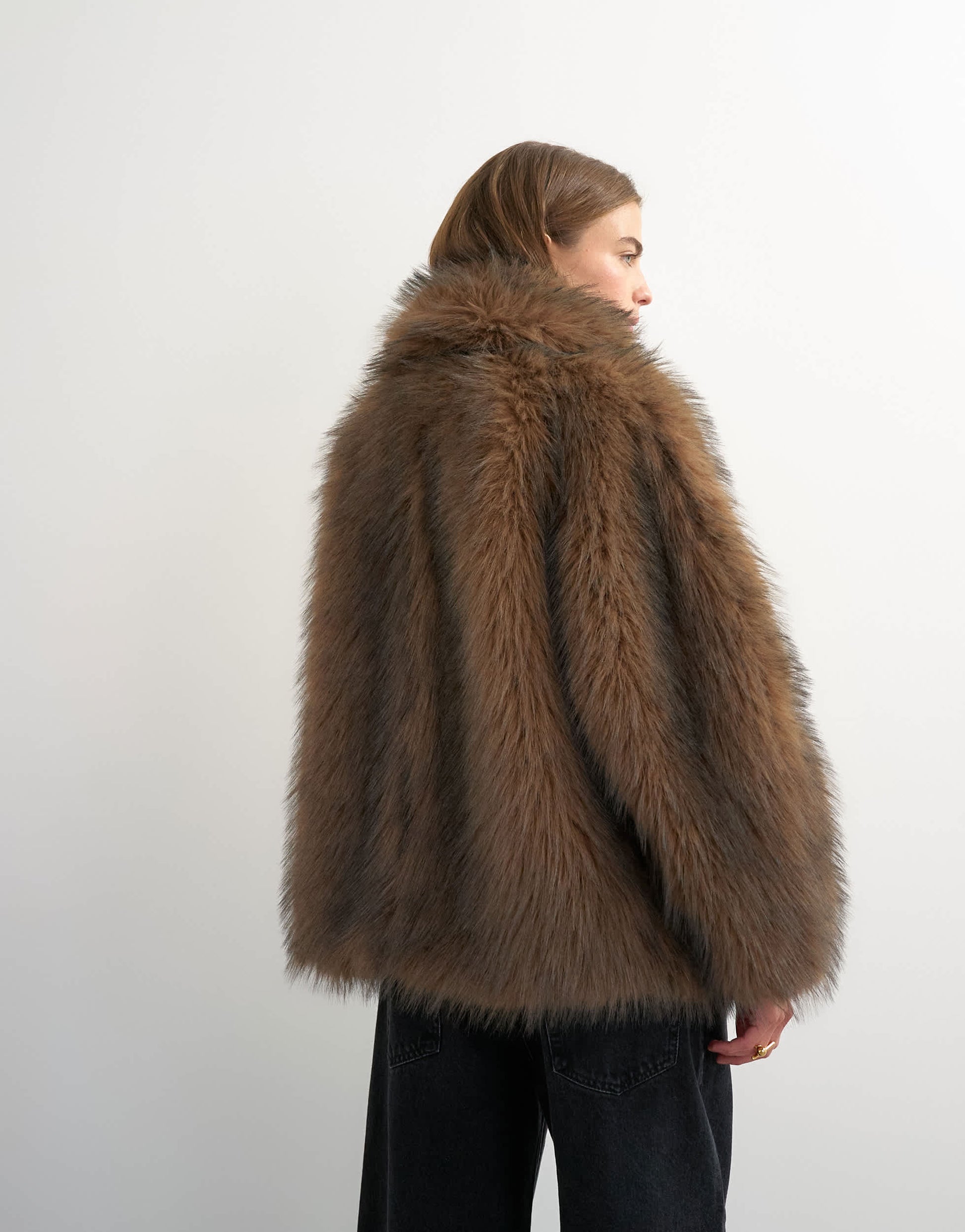 Topshop faux fur mid length shawl jacket in light brown