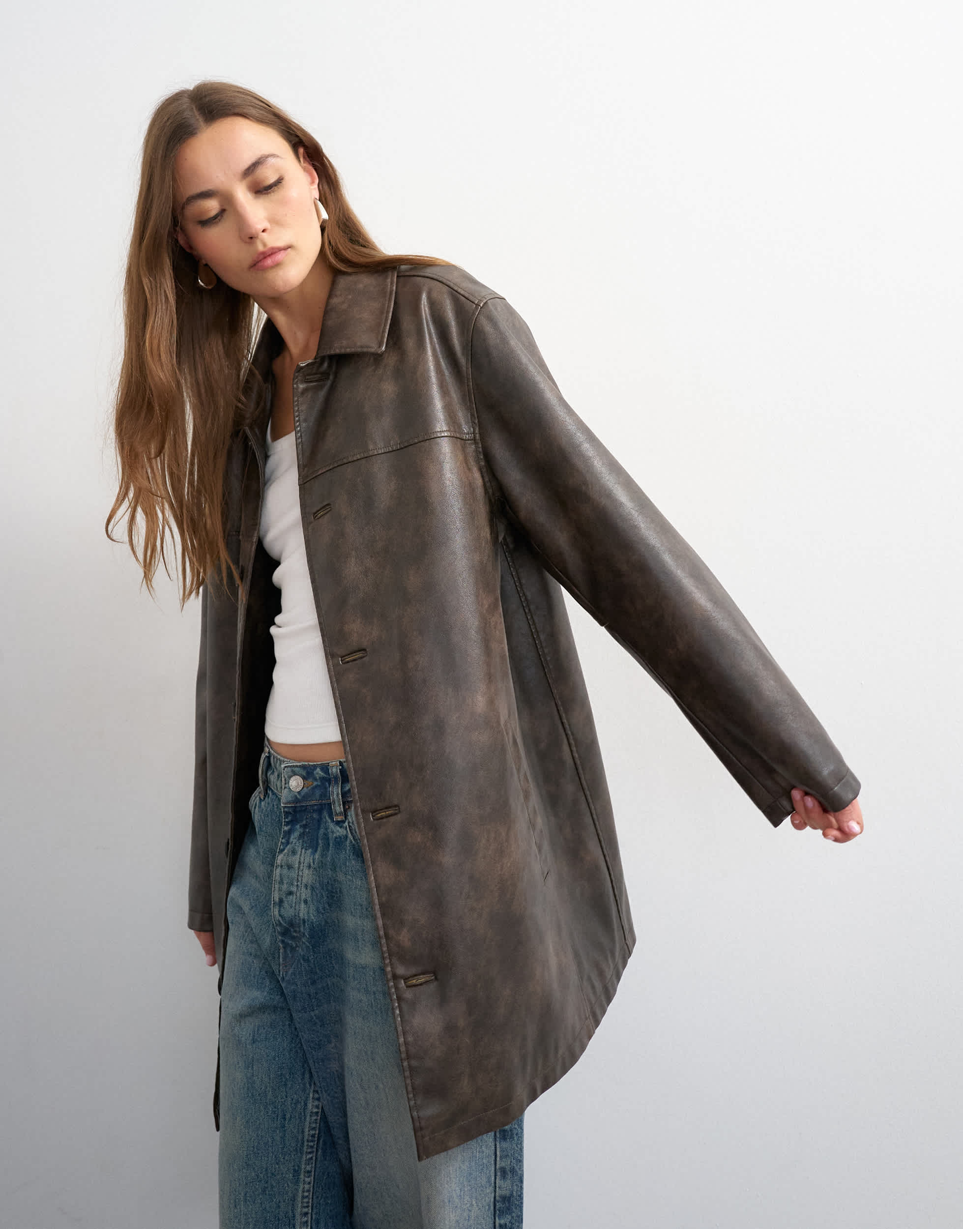 Topshop faux leather mid length jacket in washed brown
