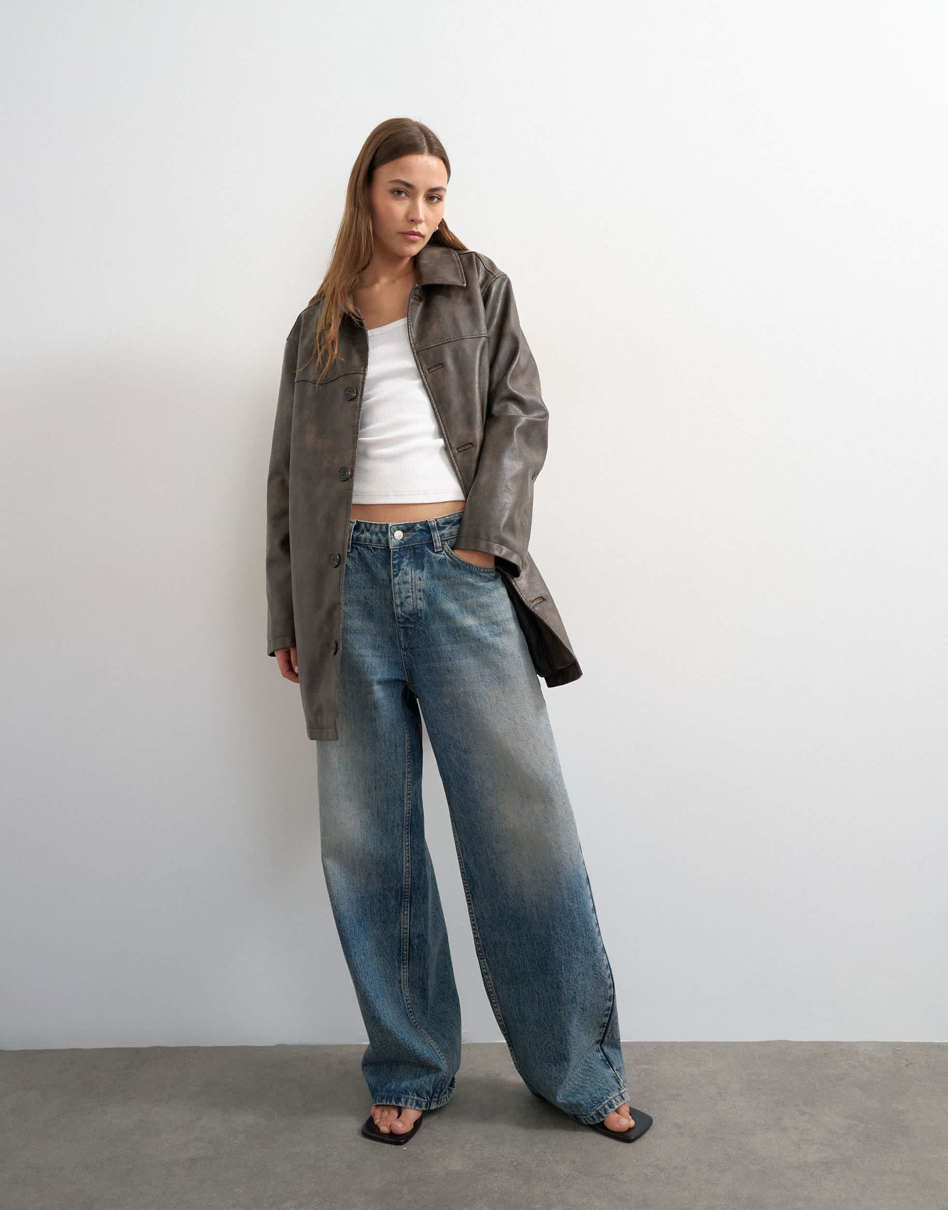 Topshop faux leather mid length jacket in washed brown