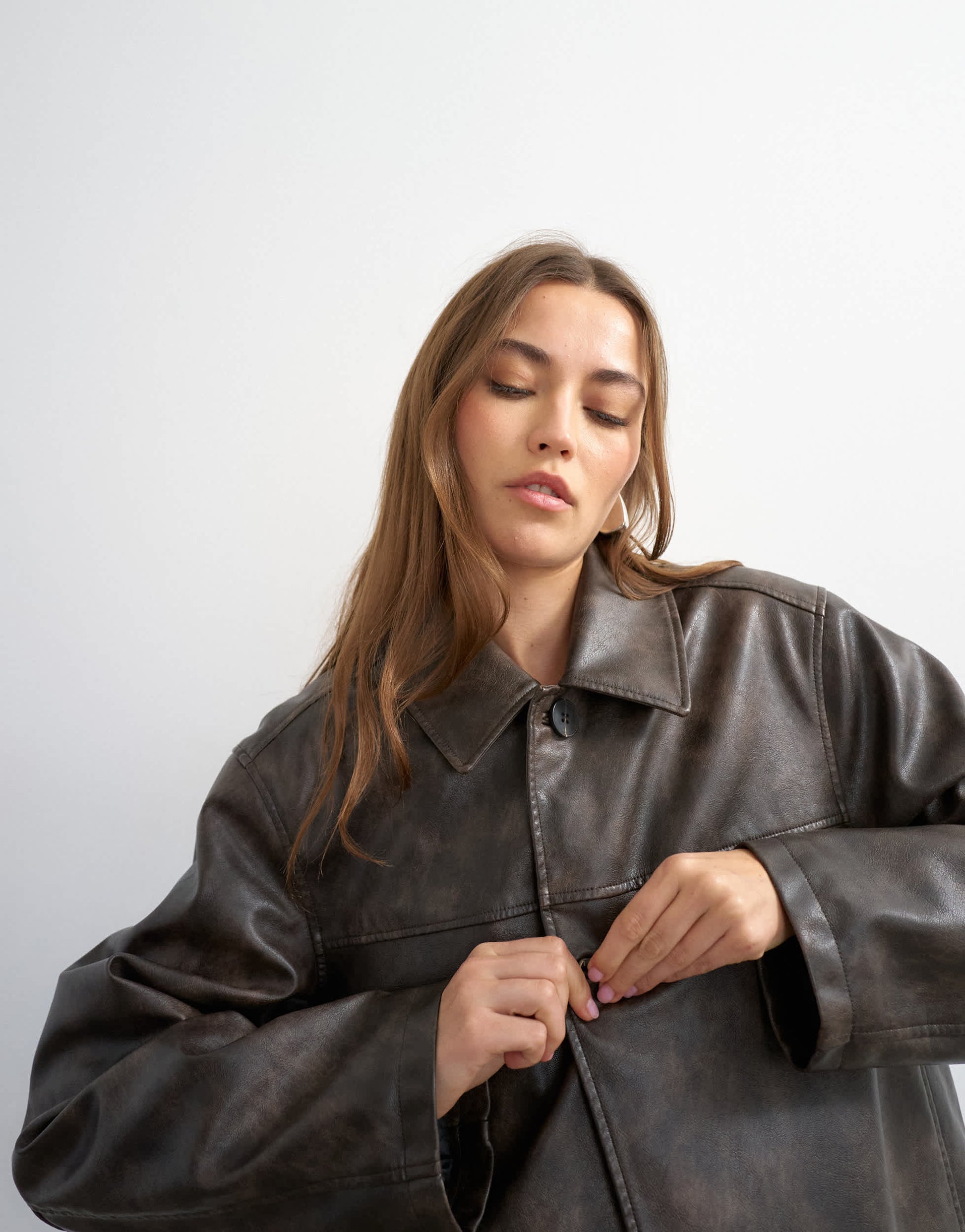 Topshop faux leather mid length jacket in washed brown