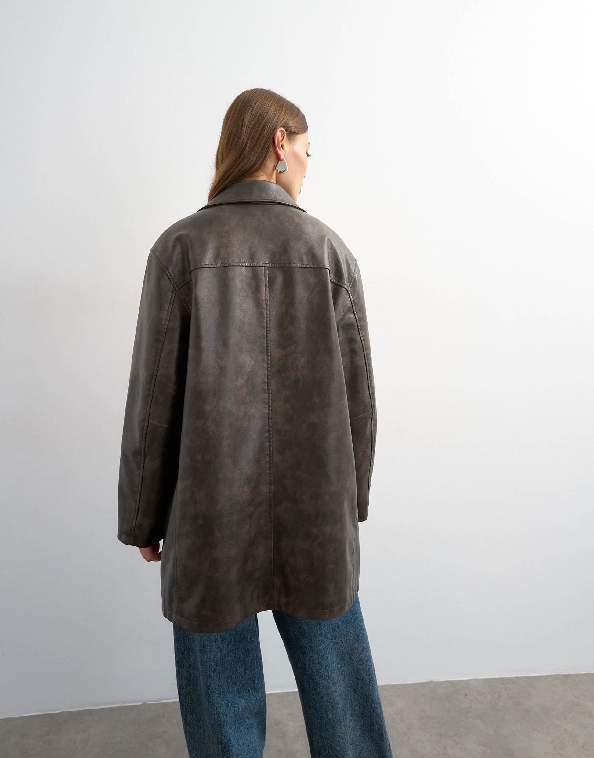 Topshop faux leather mid length jacket in washed brown