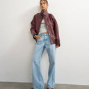 Topshop faux leather funnel neck drawstring bomber in burgundy