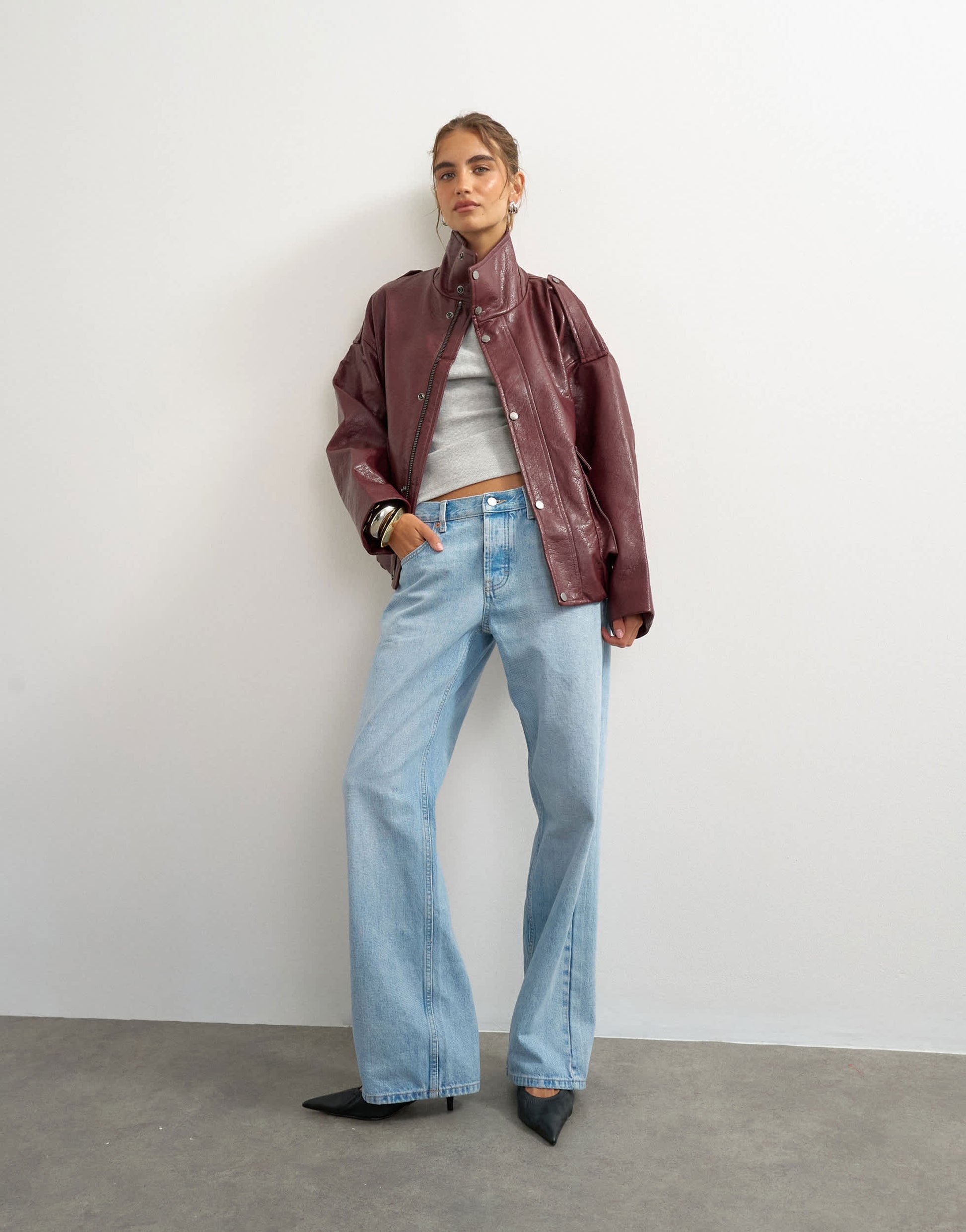 Topshop faux leather funnel neck drawstring bomber in burgundy