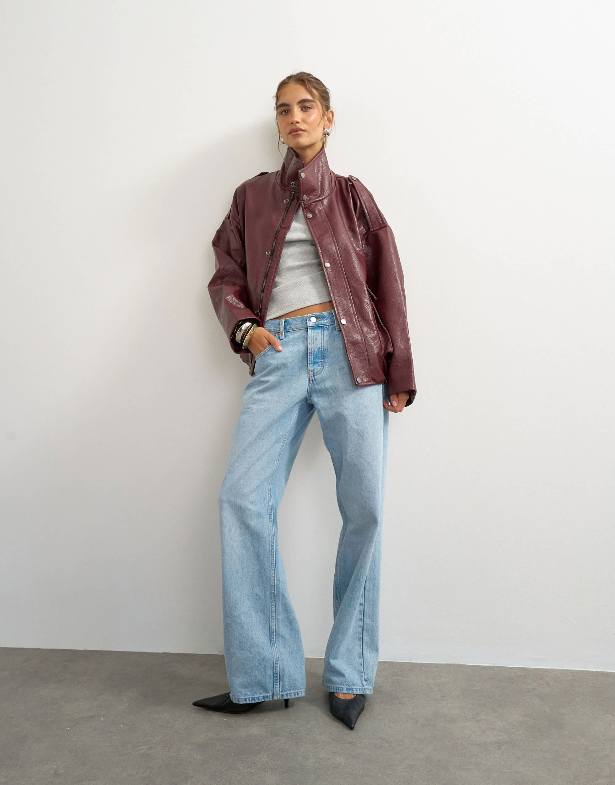 Topshop faux leather funnel neck drawstring bomber in burgundy