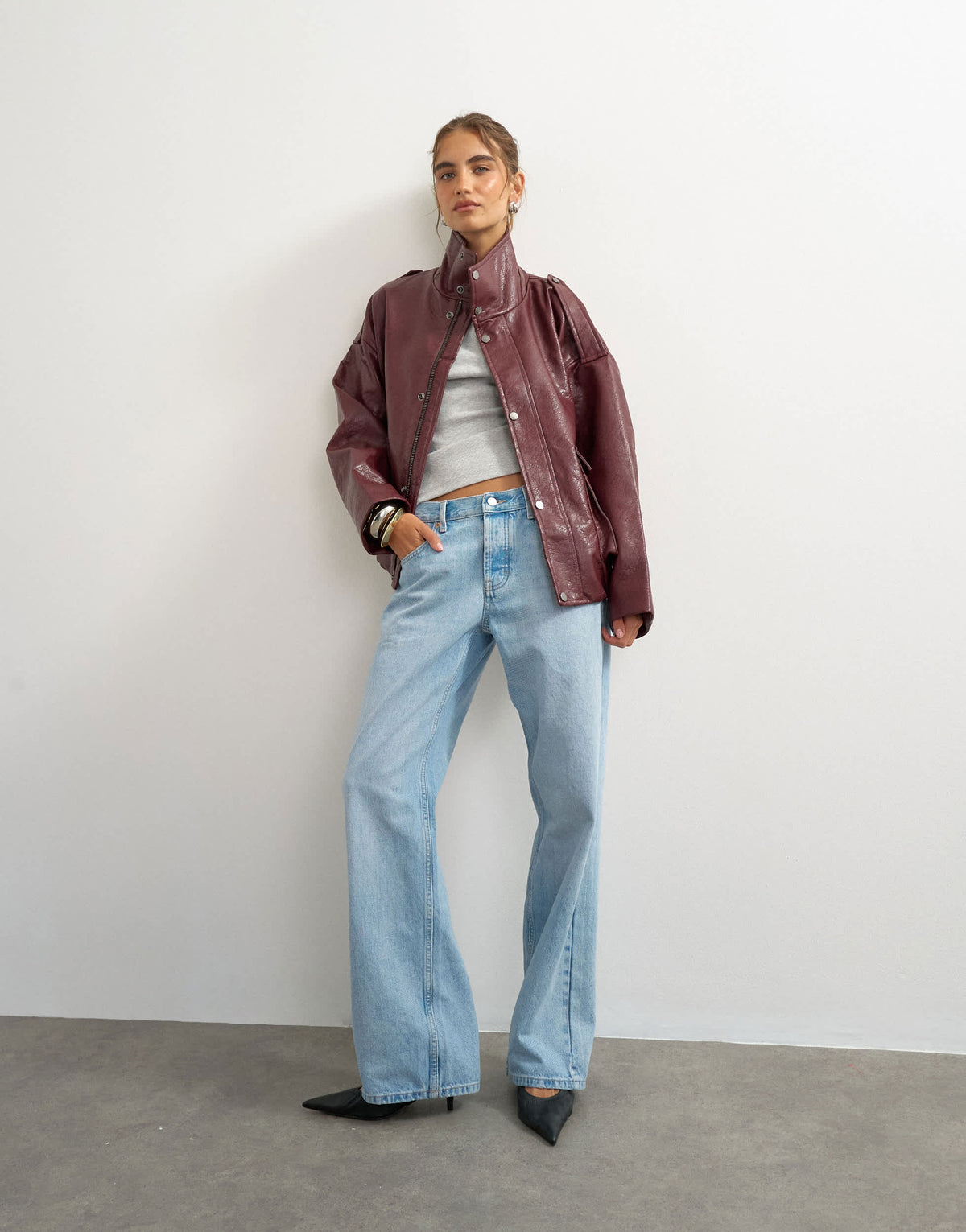 Topshop faux leather funnel neck drawstring bomber in burgundy