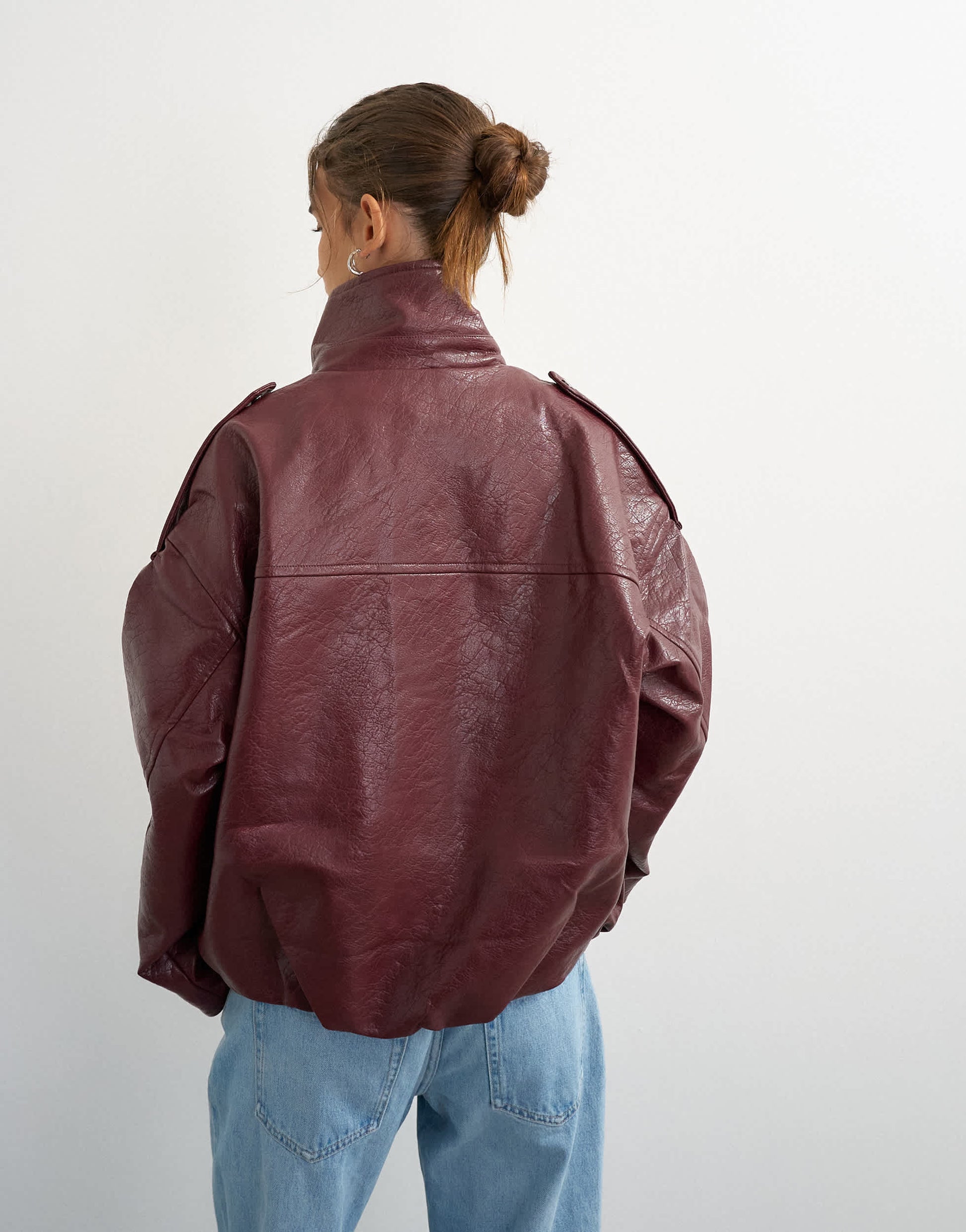 Topshop faux leather funnel neck drawstring bomber in burgundy