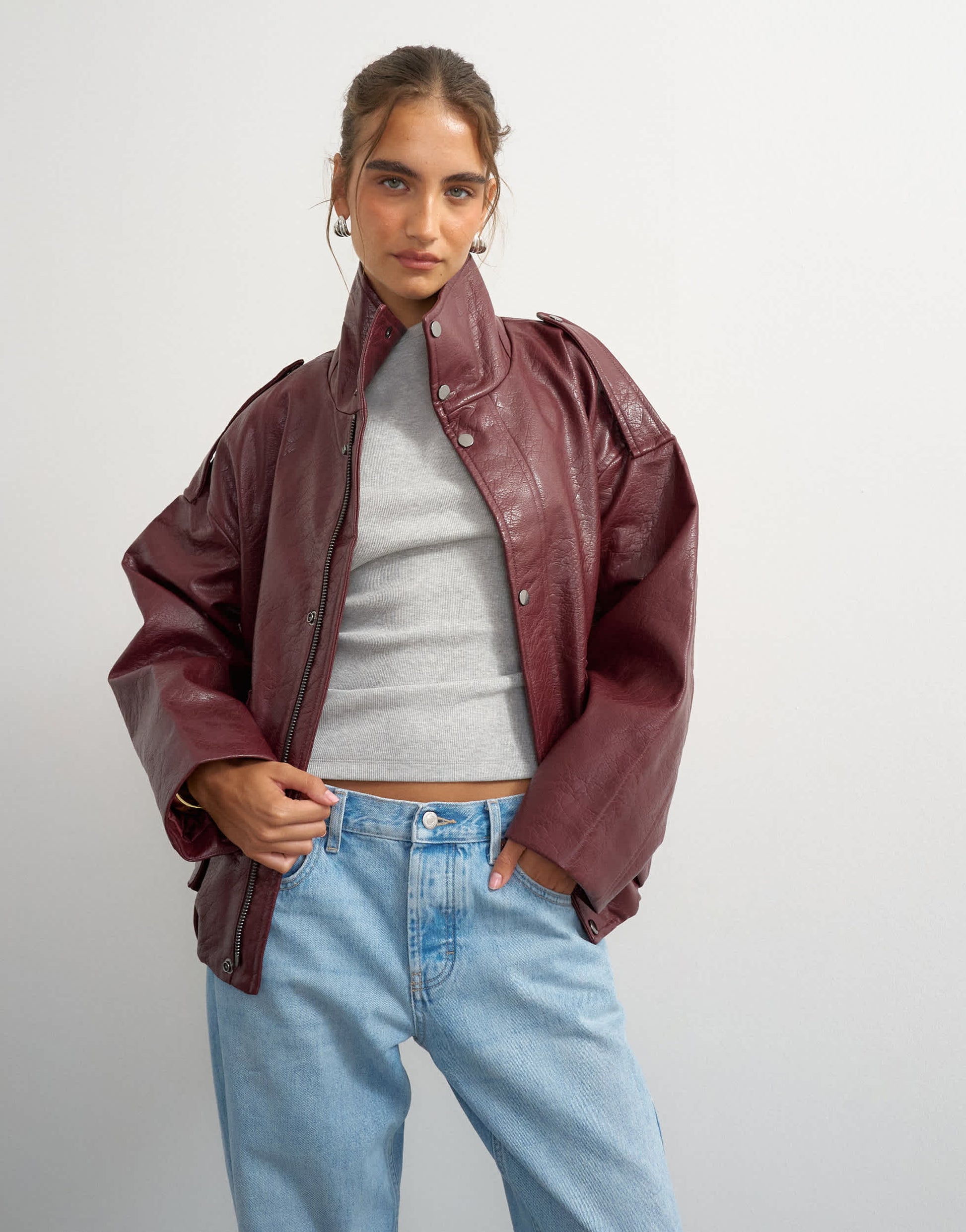 Topshop faux leather funnel neck drawstring bomber in burgundy