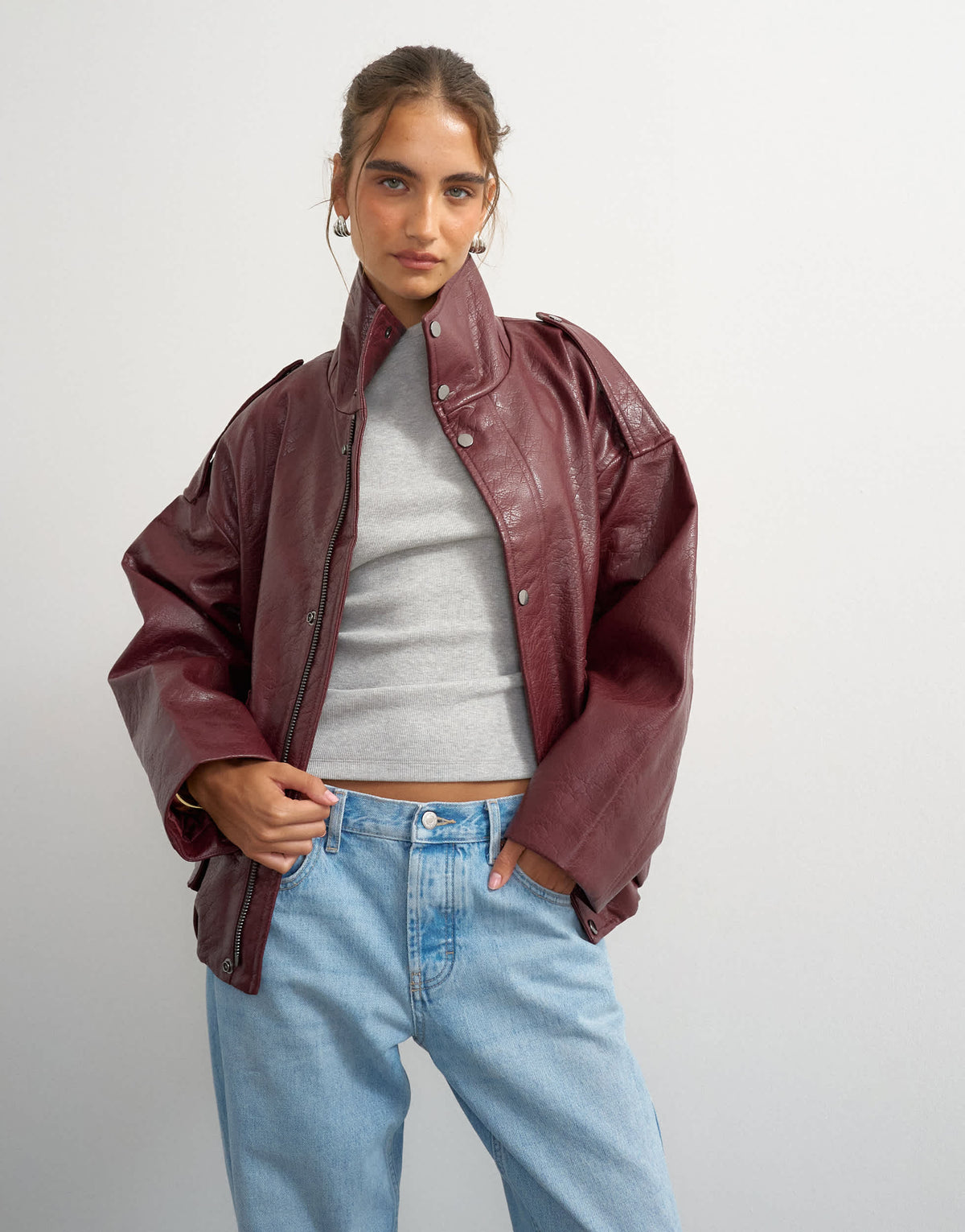 Topshop faux leather funnel neck drawstring bomber in burgundy