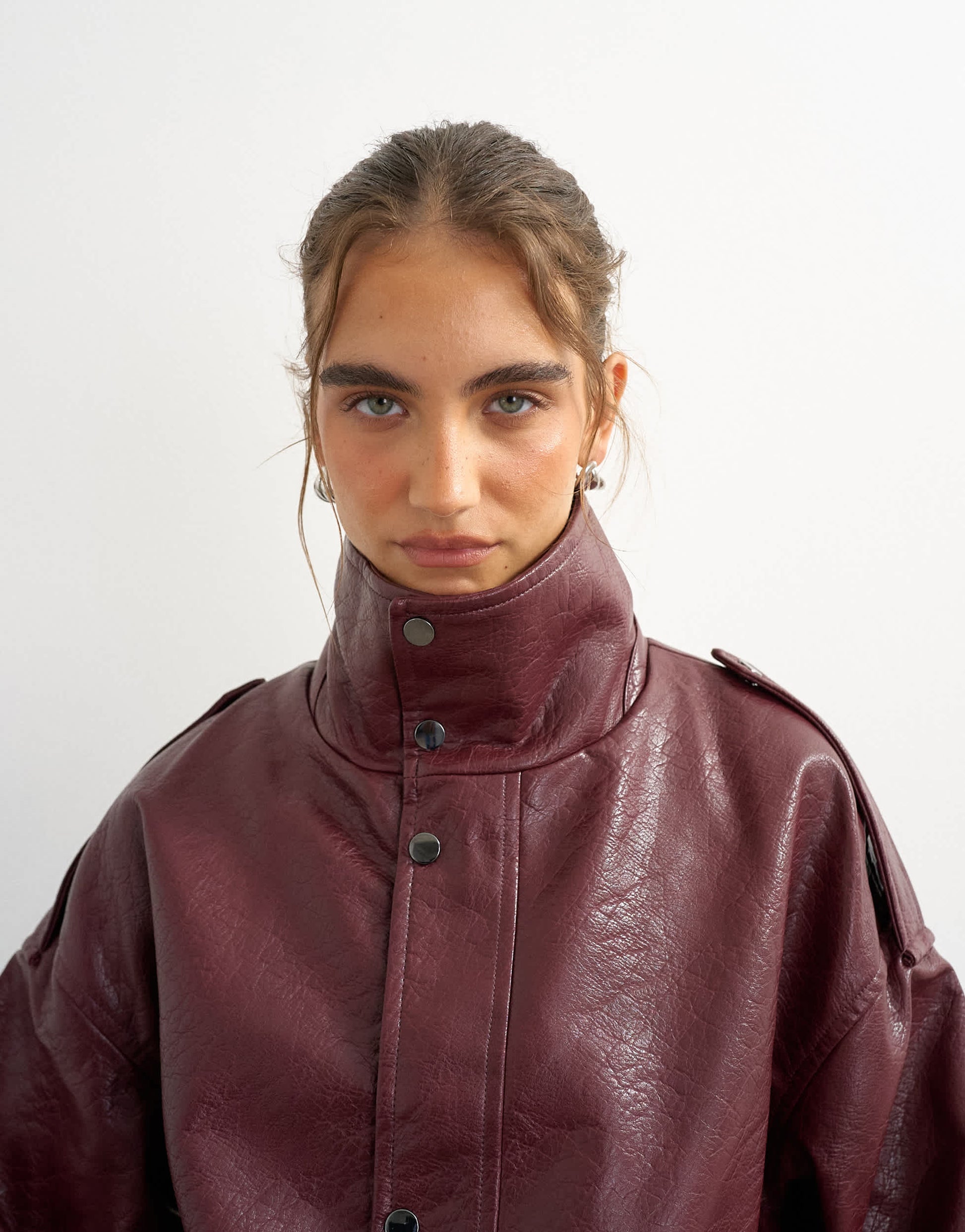 Topshop faux leather funnel neck drawstring bomber in burgundy