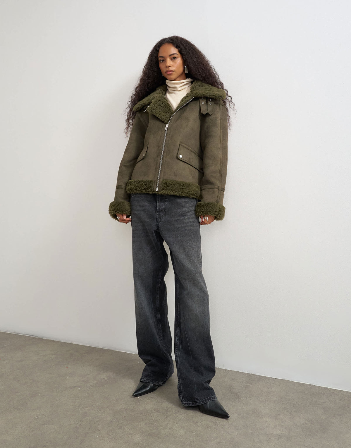 Topshop shearling collar detail jacket in khaki