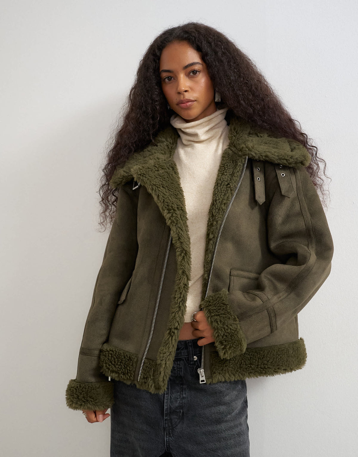Topshop shearling collar detail jacket in khaki