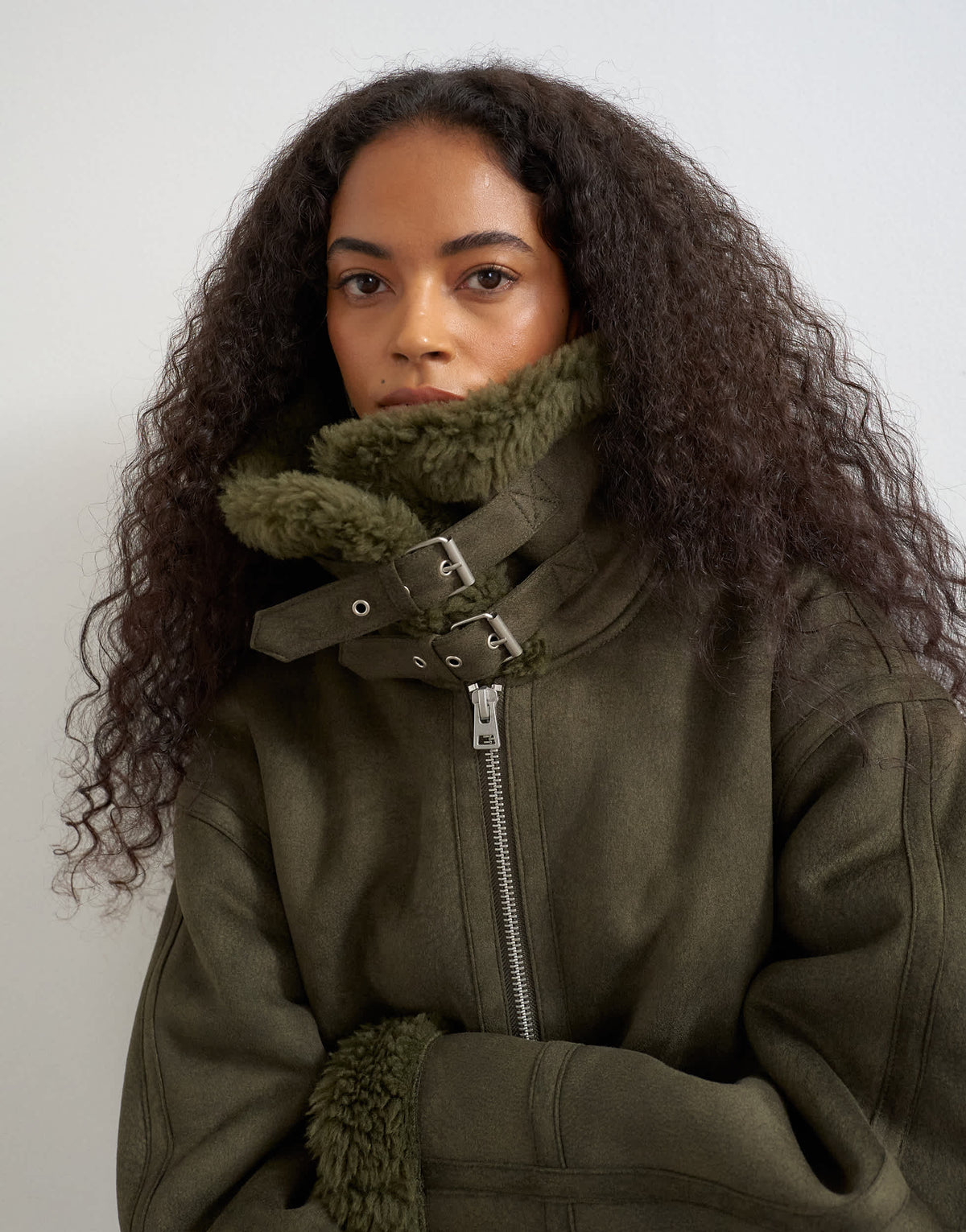 Topshop shearling collar detail jacket in khaki