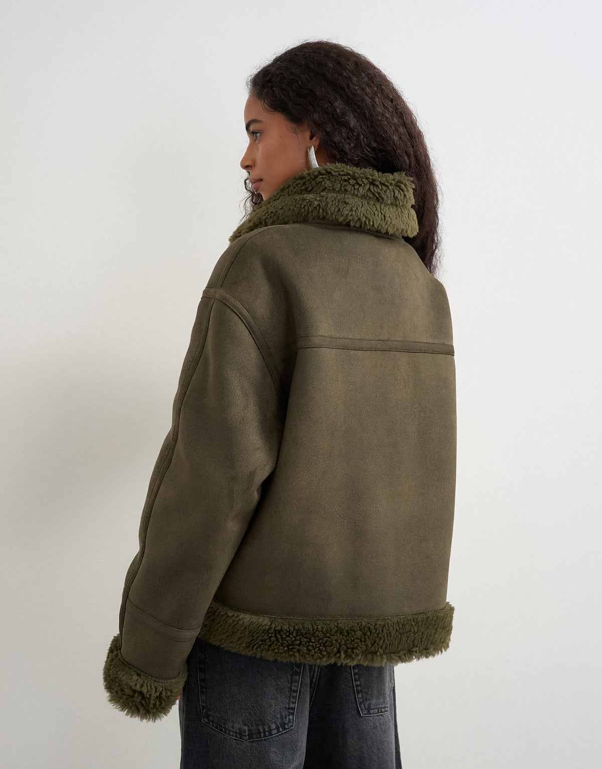 Topshop shearling collar detail jacket in khaki