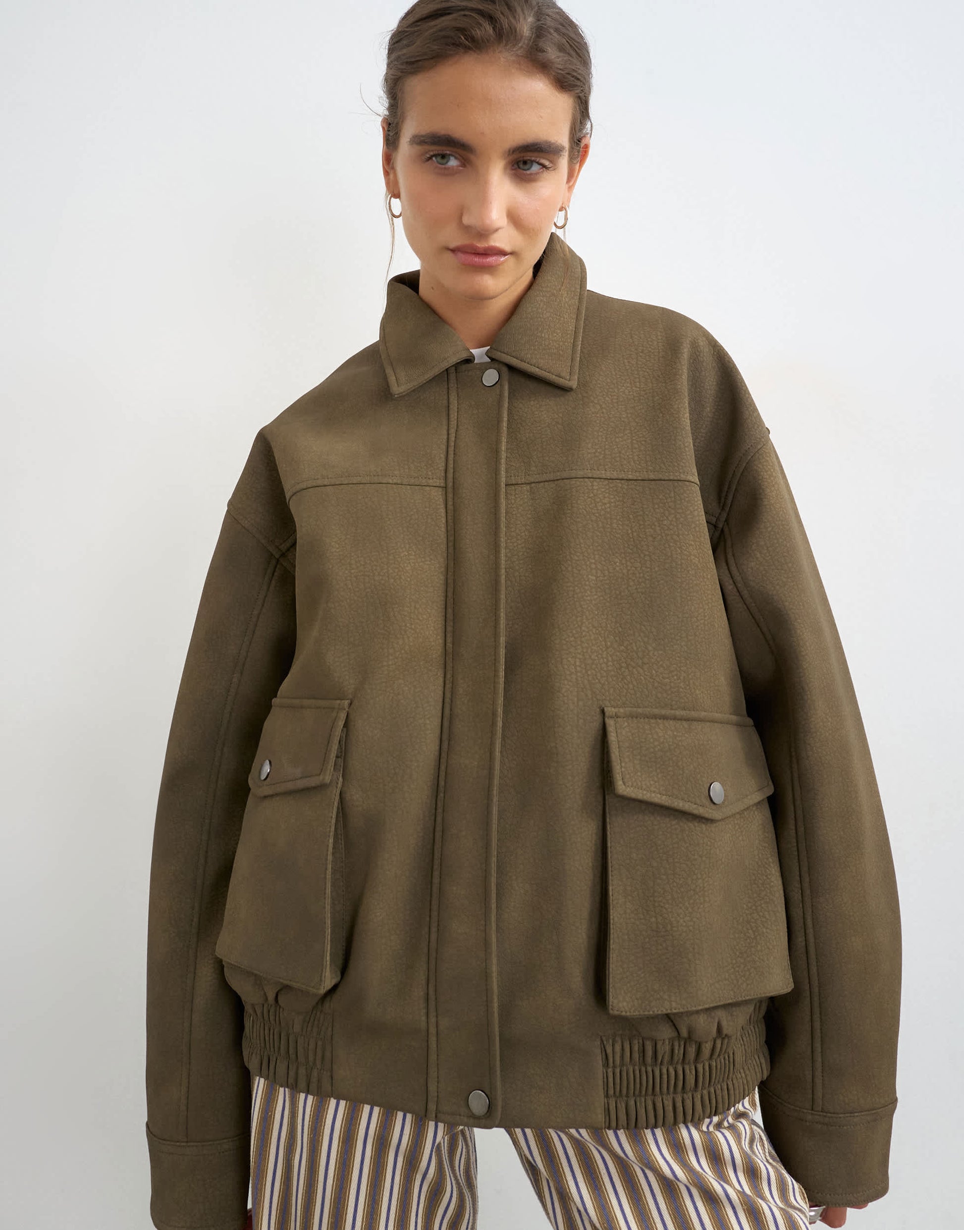Topshop faux leather oversized bomber jacket in brown