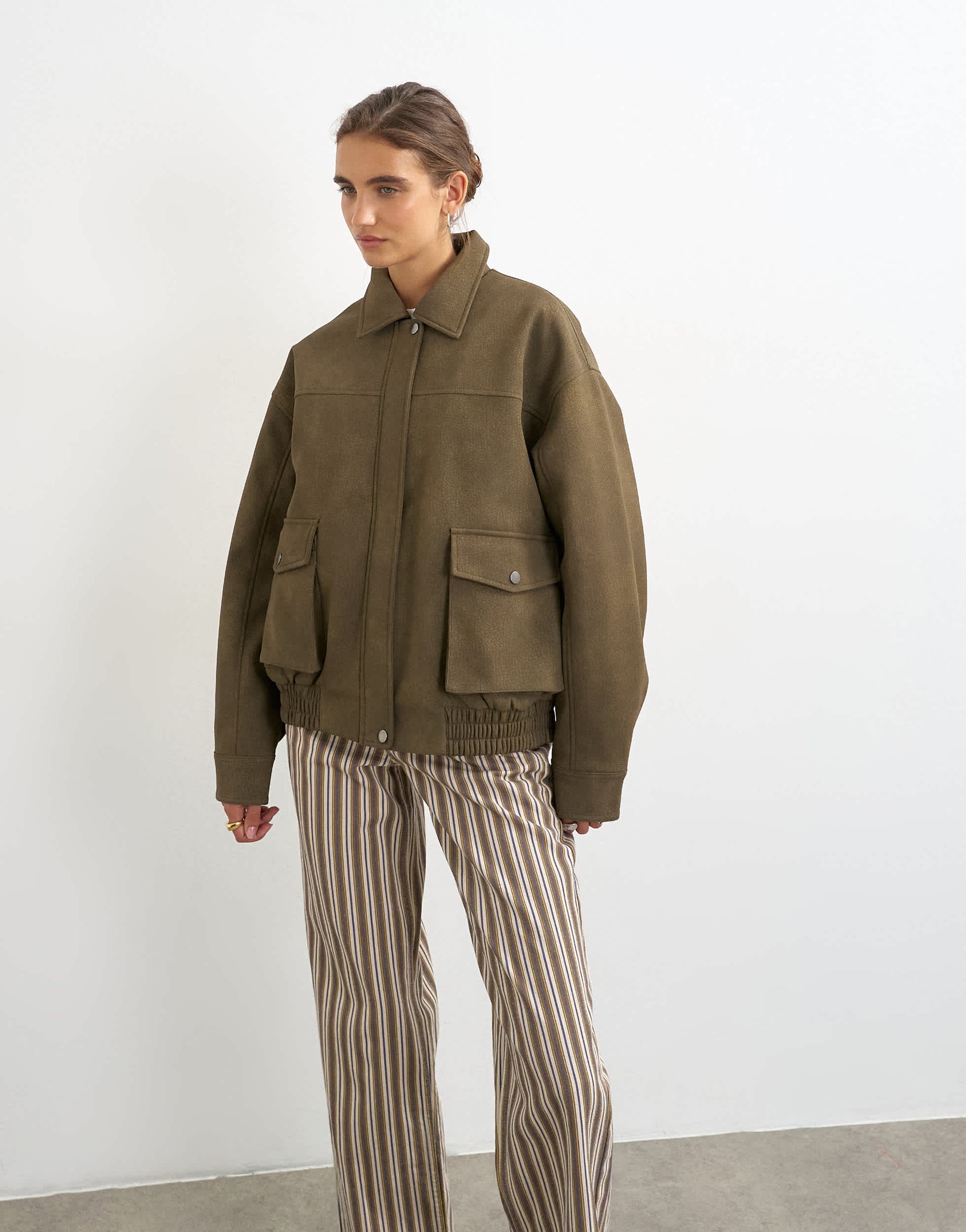 Topshop faux leather oversized bomber jacket in brown